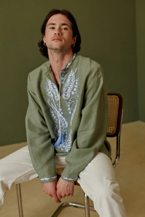 Men’s Khaki Vyshyvanka “ Kolosok” With Traditional Embroidery Long Sleeve