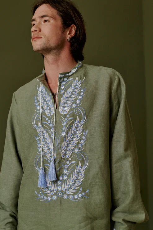 Men’s Khaki Vyshyvanka “ Kolosok” With Traditional Embroidery Long Sleeve