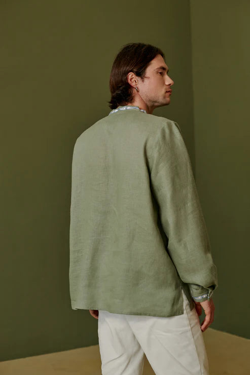 Men’s Khaki Vyshyvanka “ Kolosok” With Traditional Embroidery Long Sleeve