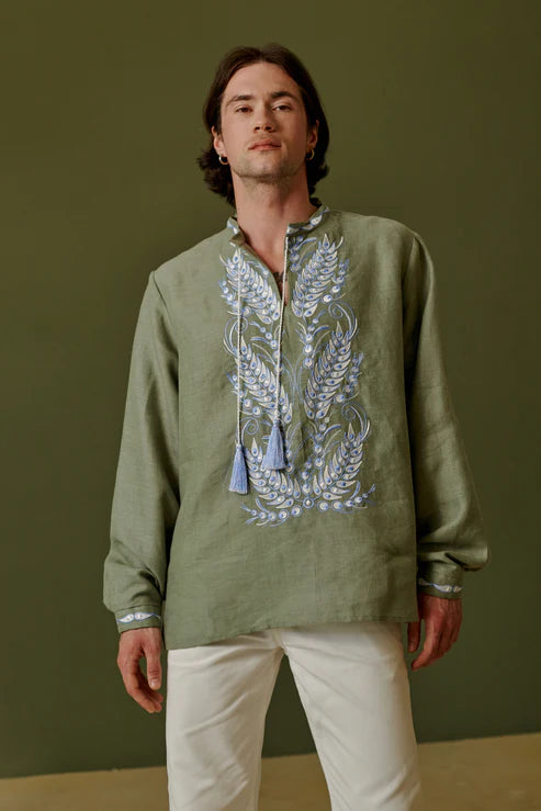 Men’s Khaki Vyshyvanka “ Kolosok” With Traditional Embroidery Long Sleeve