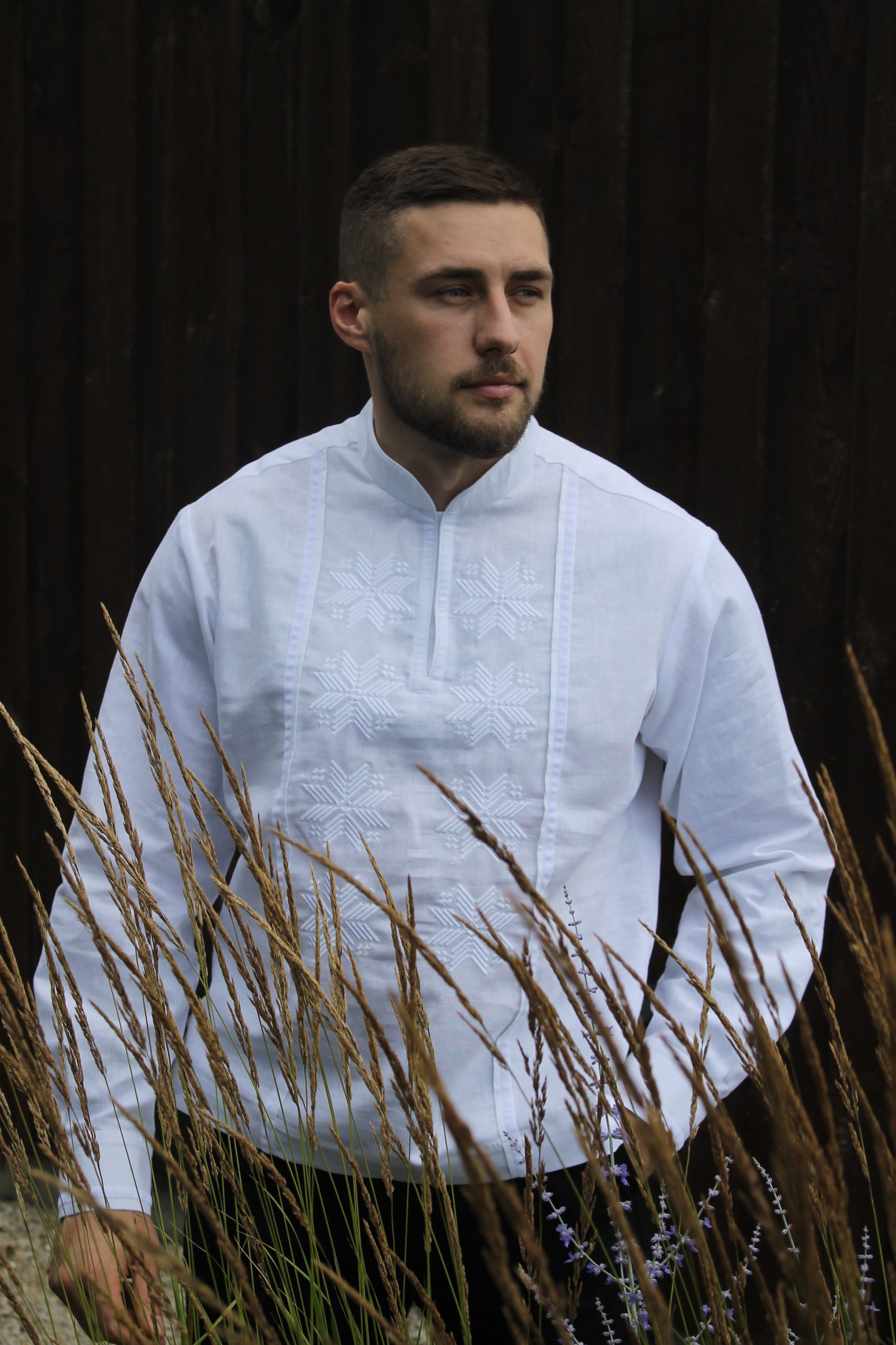 White Linen Embroidered Shirt For Men "Zori"