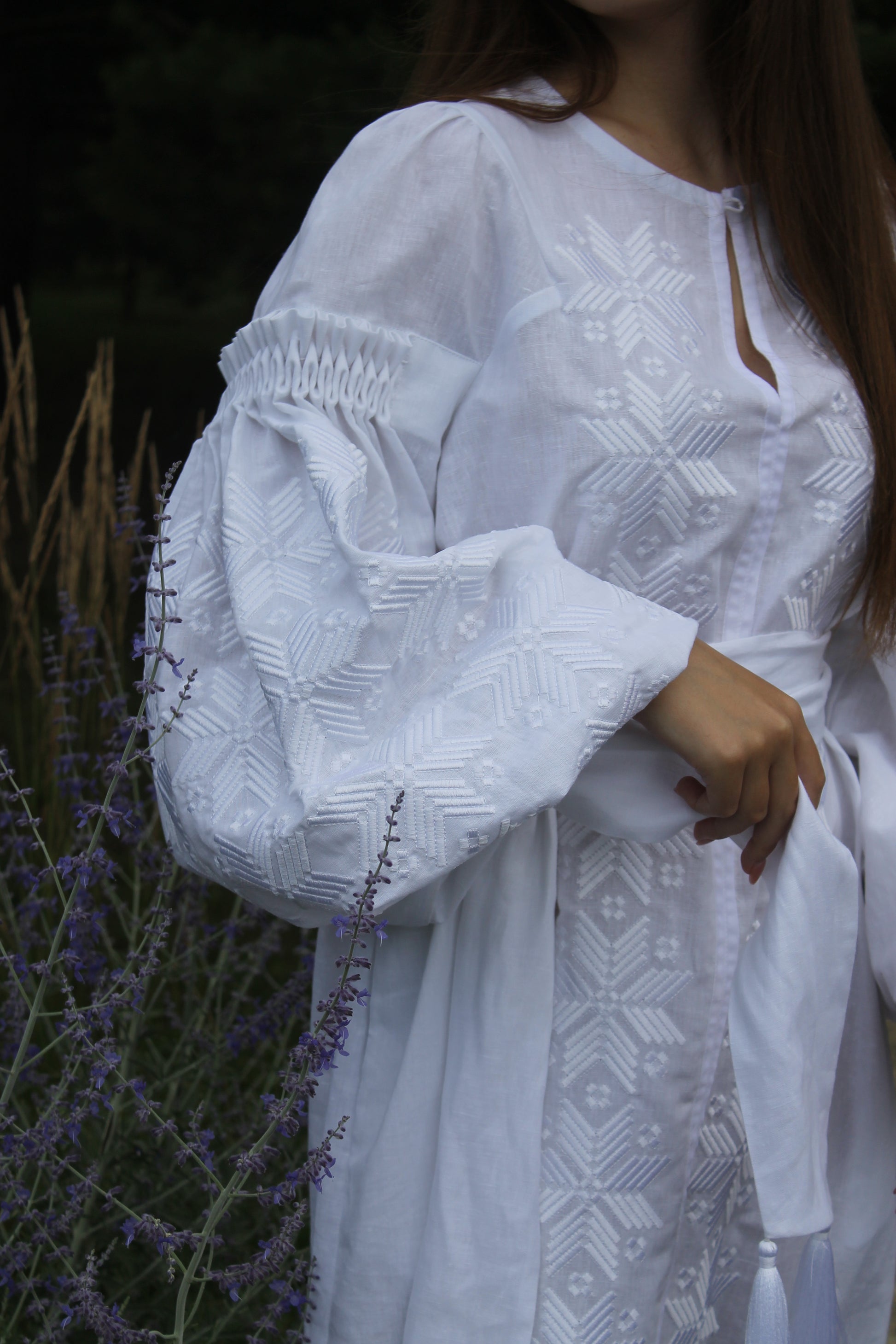 White Linen Maxi Dress With "Zori" Embroidery