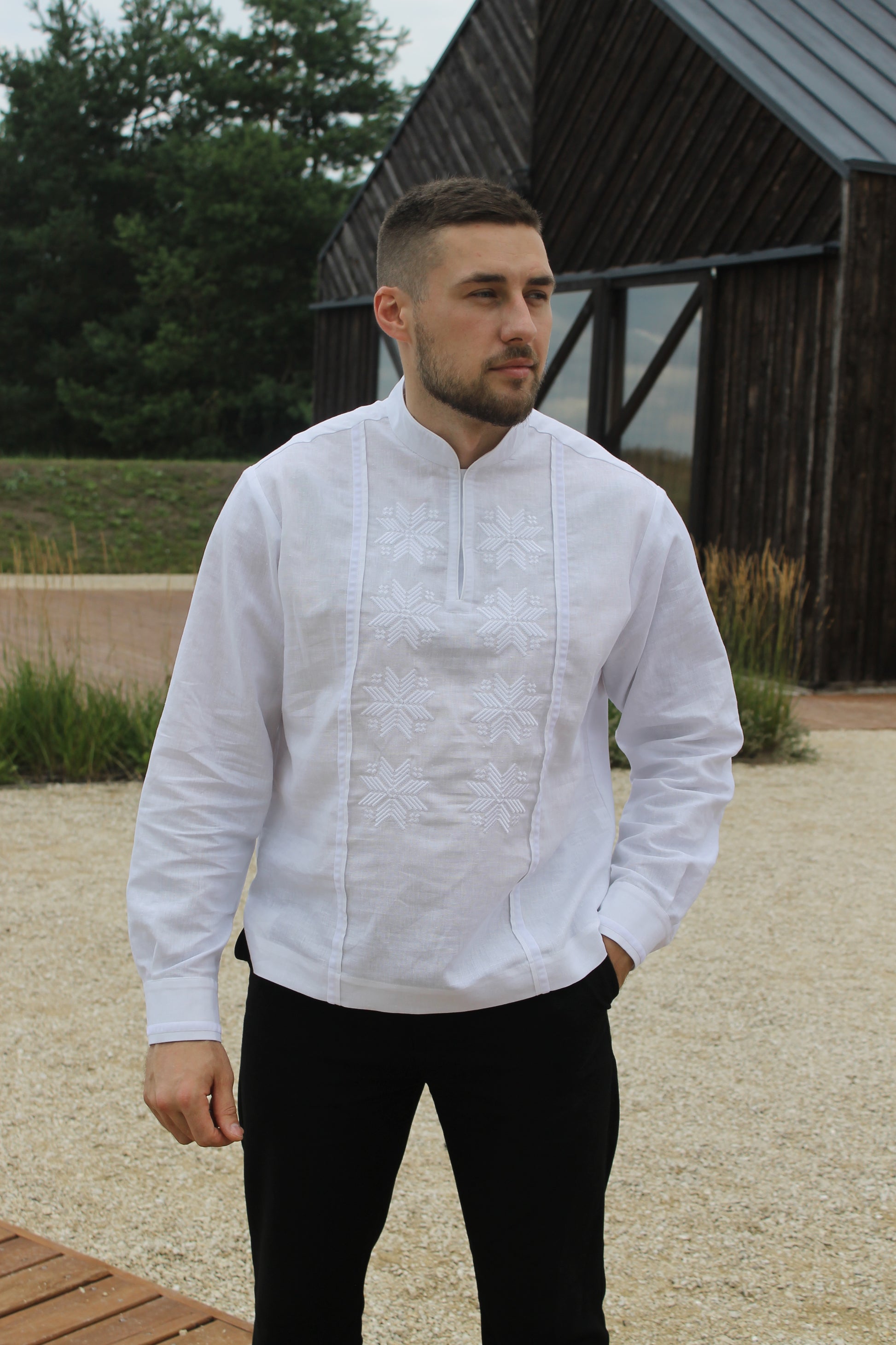 White Linen Embroidered Shirt For Men "Zori"