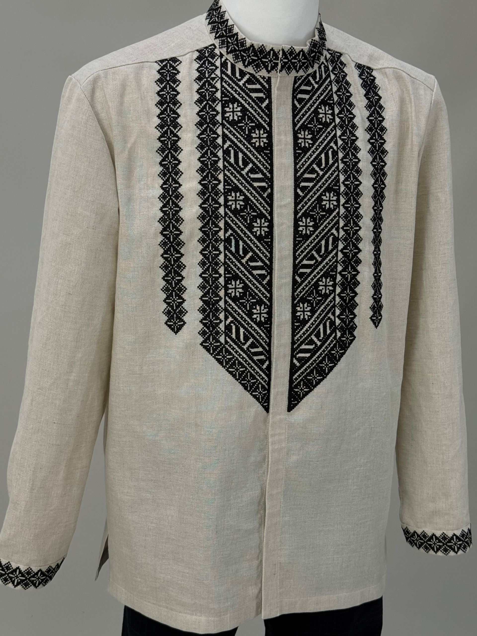 Men’s Embroidered Shirt "Danube" – White Ukrainian Vyshyvanka with Black Cross-Stitch