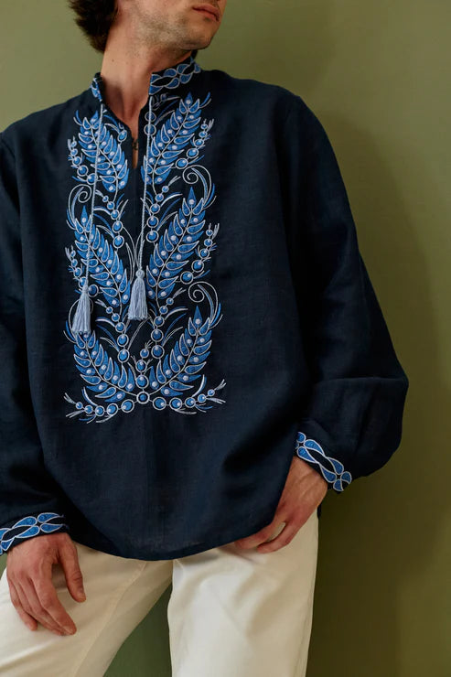 Men’s Blue Vyshyvanka “ Kolosok” With Traditional Embroidery Long Sleeve