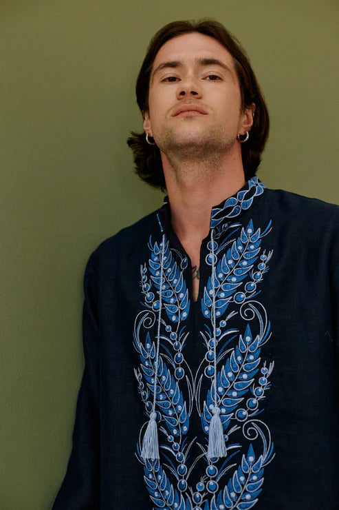 Men’s Blue Vyshyvanka “ Kolosok” With Traditional Embroidery Long Sleeve