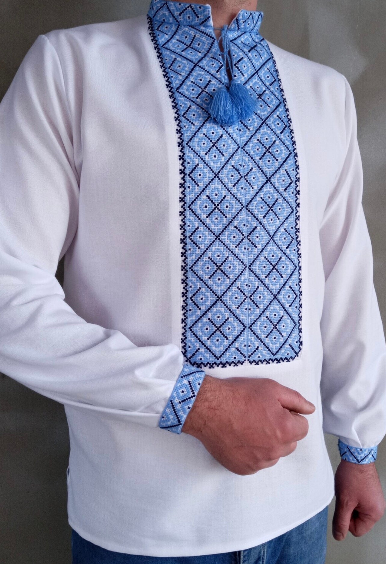 Men’s White Vyshyvanka with Traditional Blue Hand Embroidery