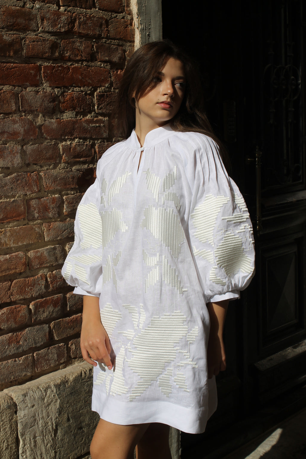 White Linen Mini Dress With "Maky" Embroidery