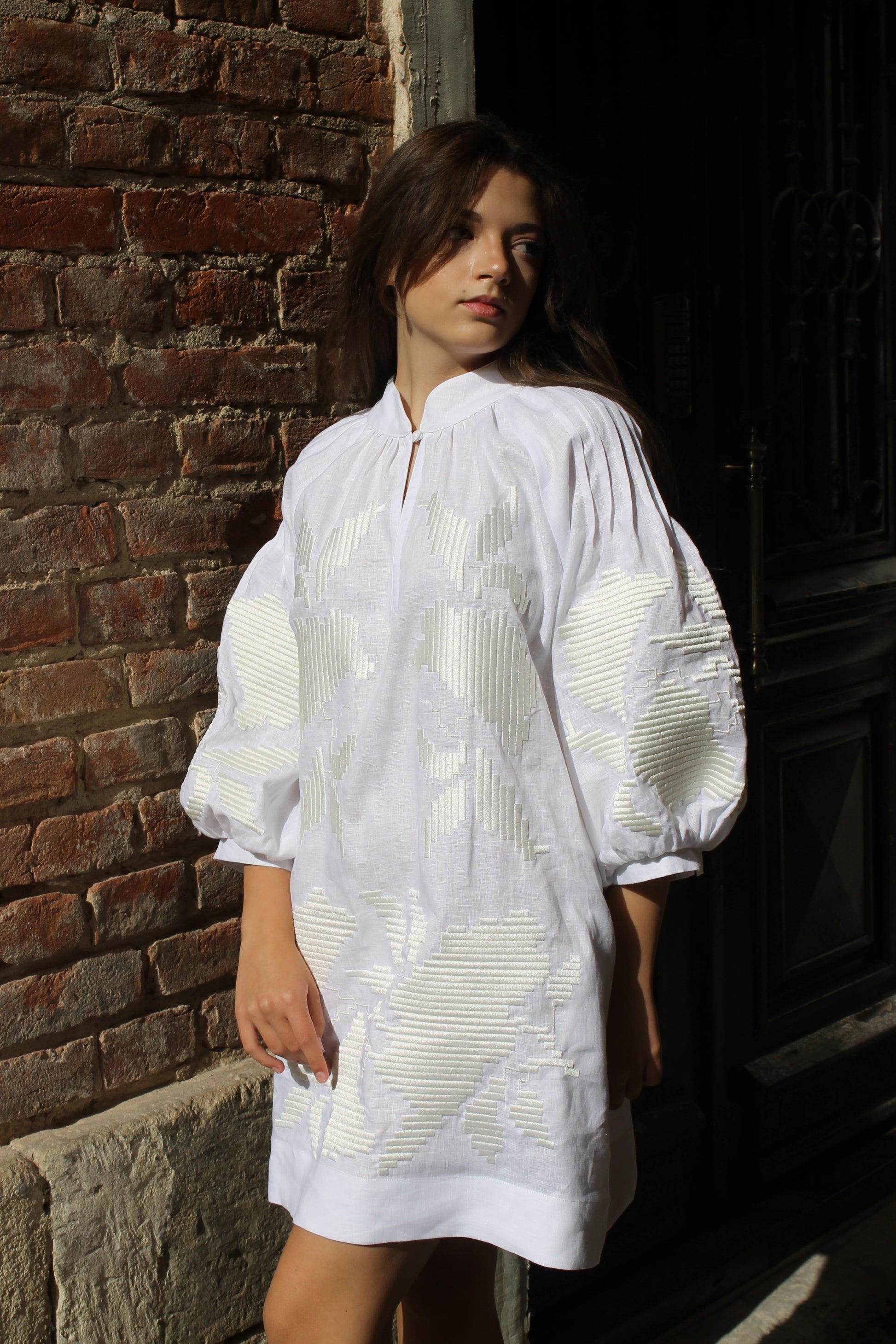 White Linen Mini Dress With "Maky" Embroidery