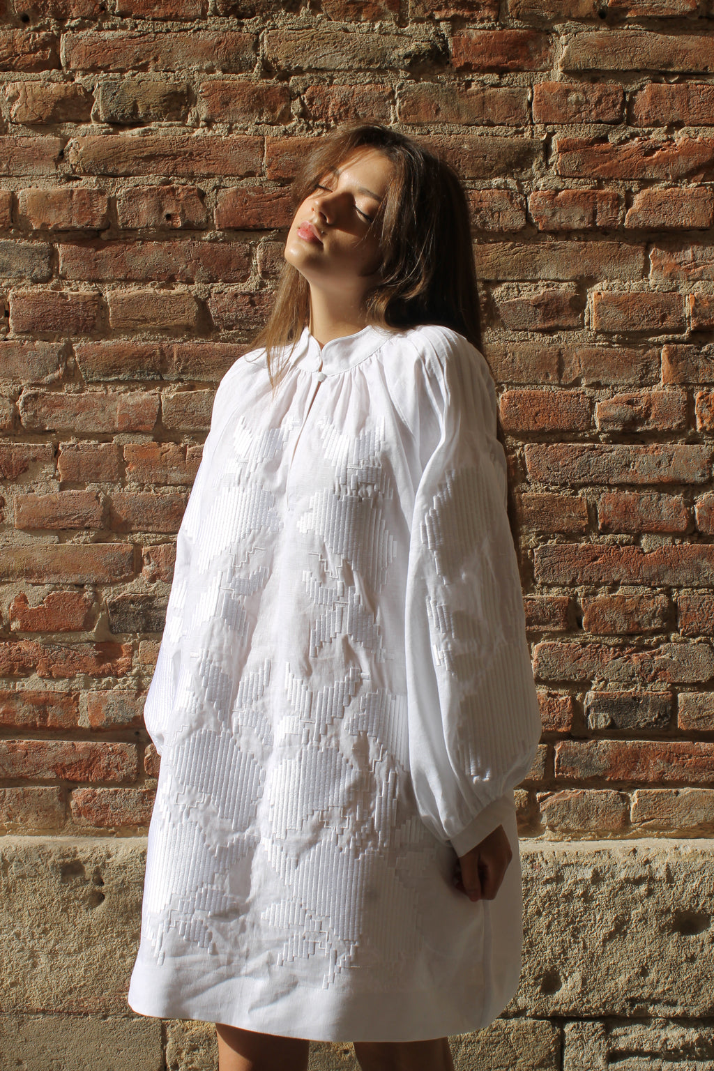 White Linen Mini Dress With "Maky" Embroidery