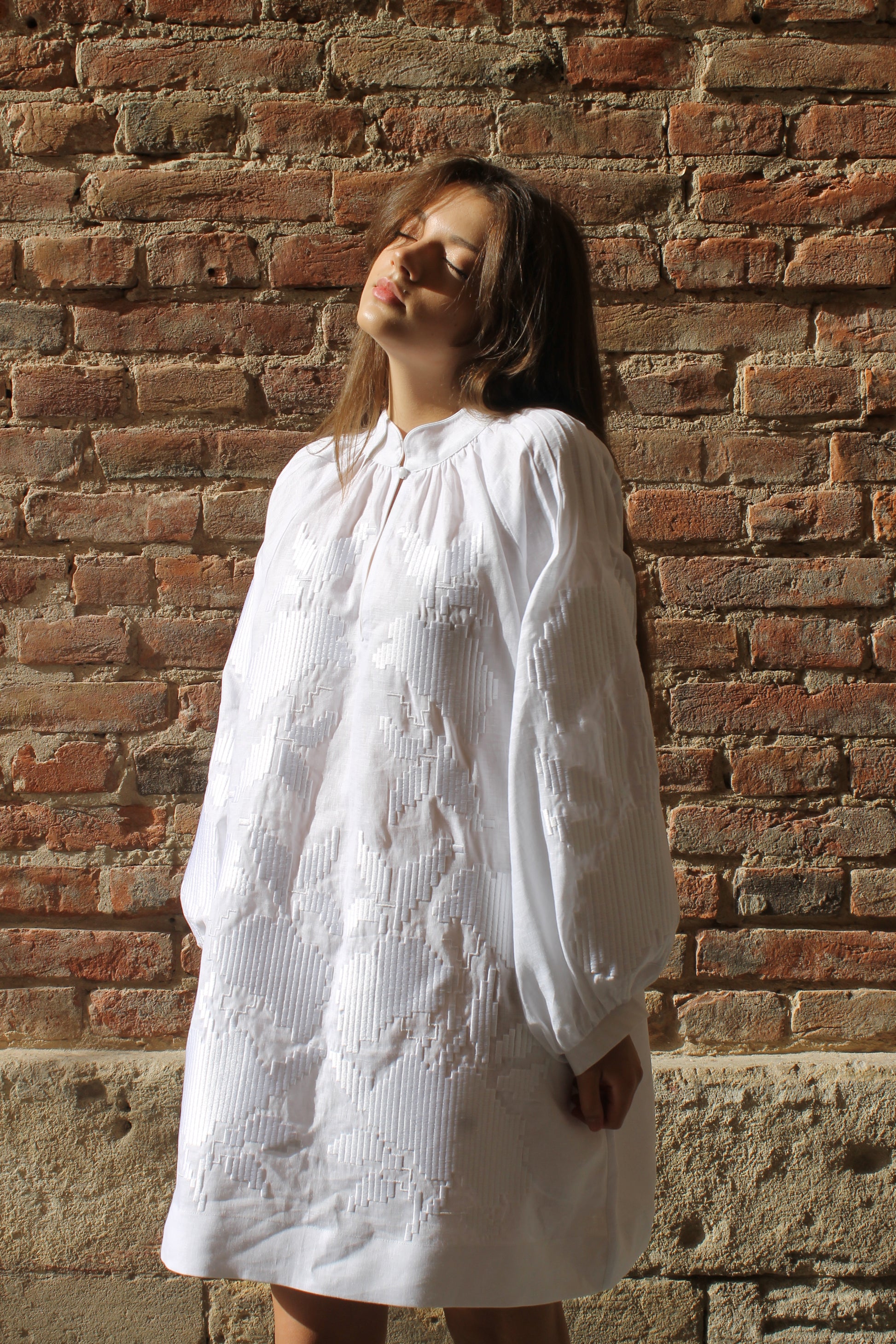 White Linen Mini Dress With "Maky" Embroidery