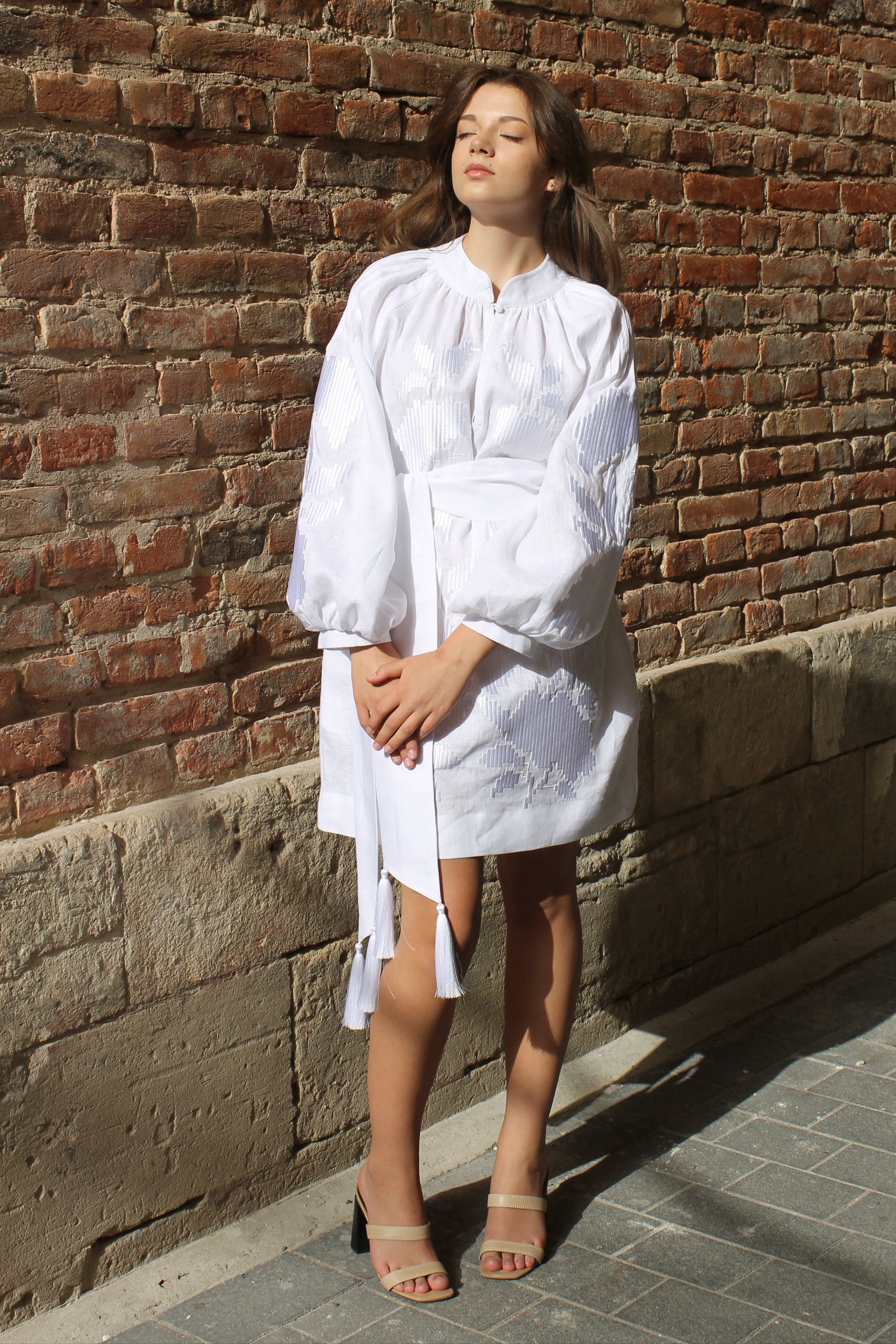 White Linen Mini Dress With "Maky" Embroidery