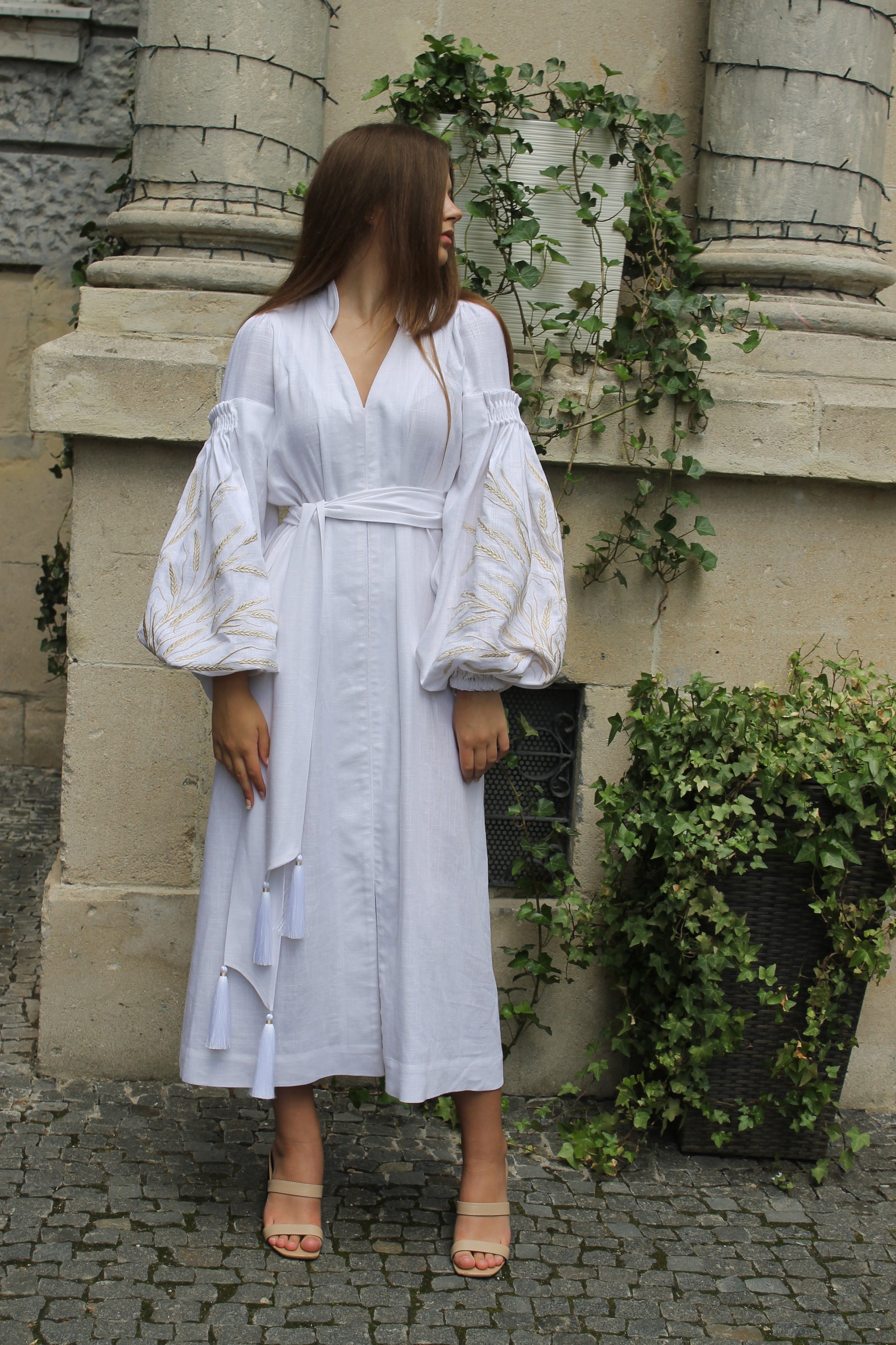Linen Dress With Embroidered Wheat Of Beige Colour