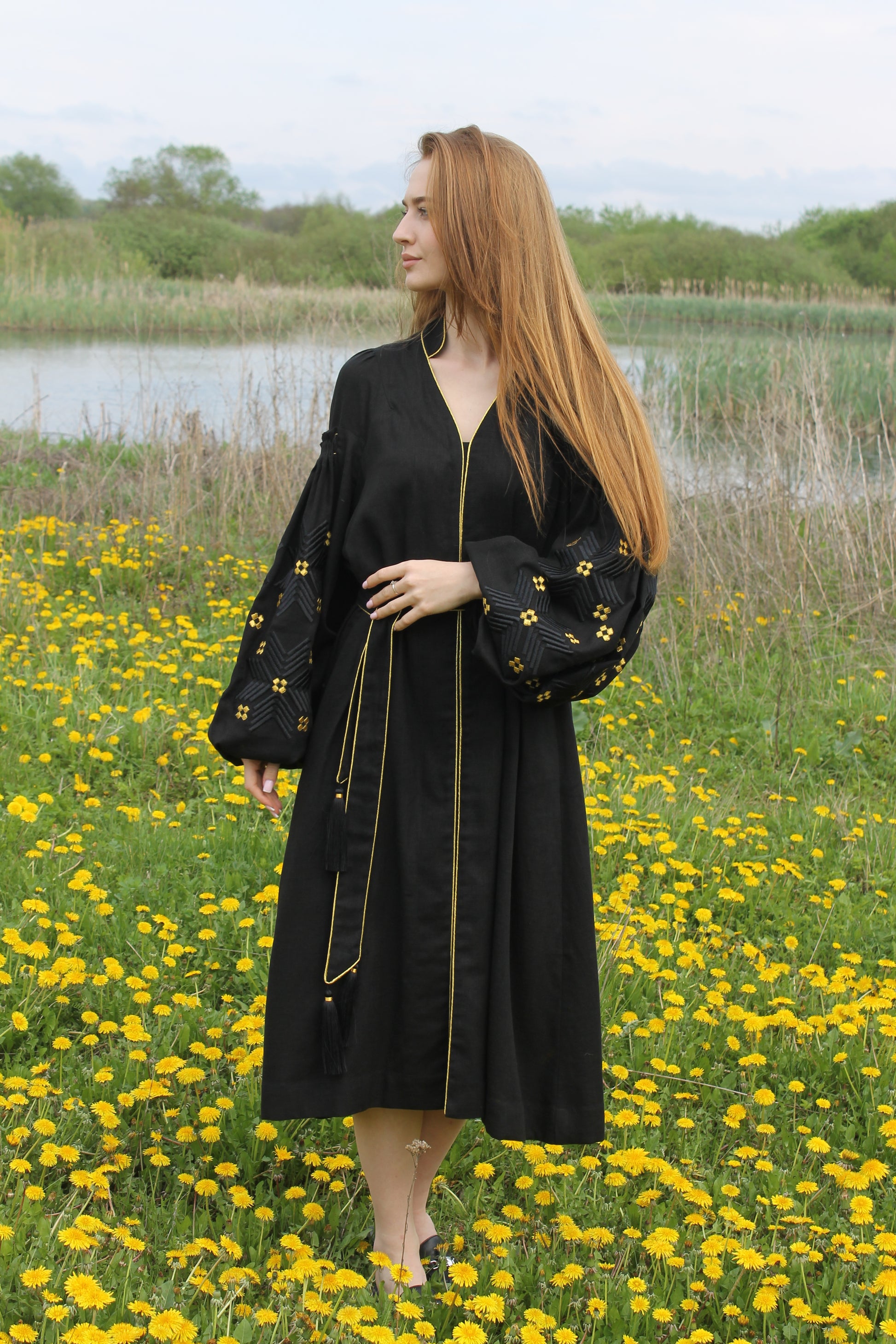 Linen Midi Dress In Black Colour With "Zori" Embroidery