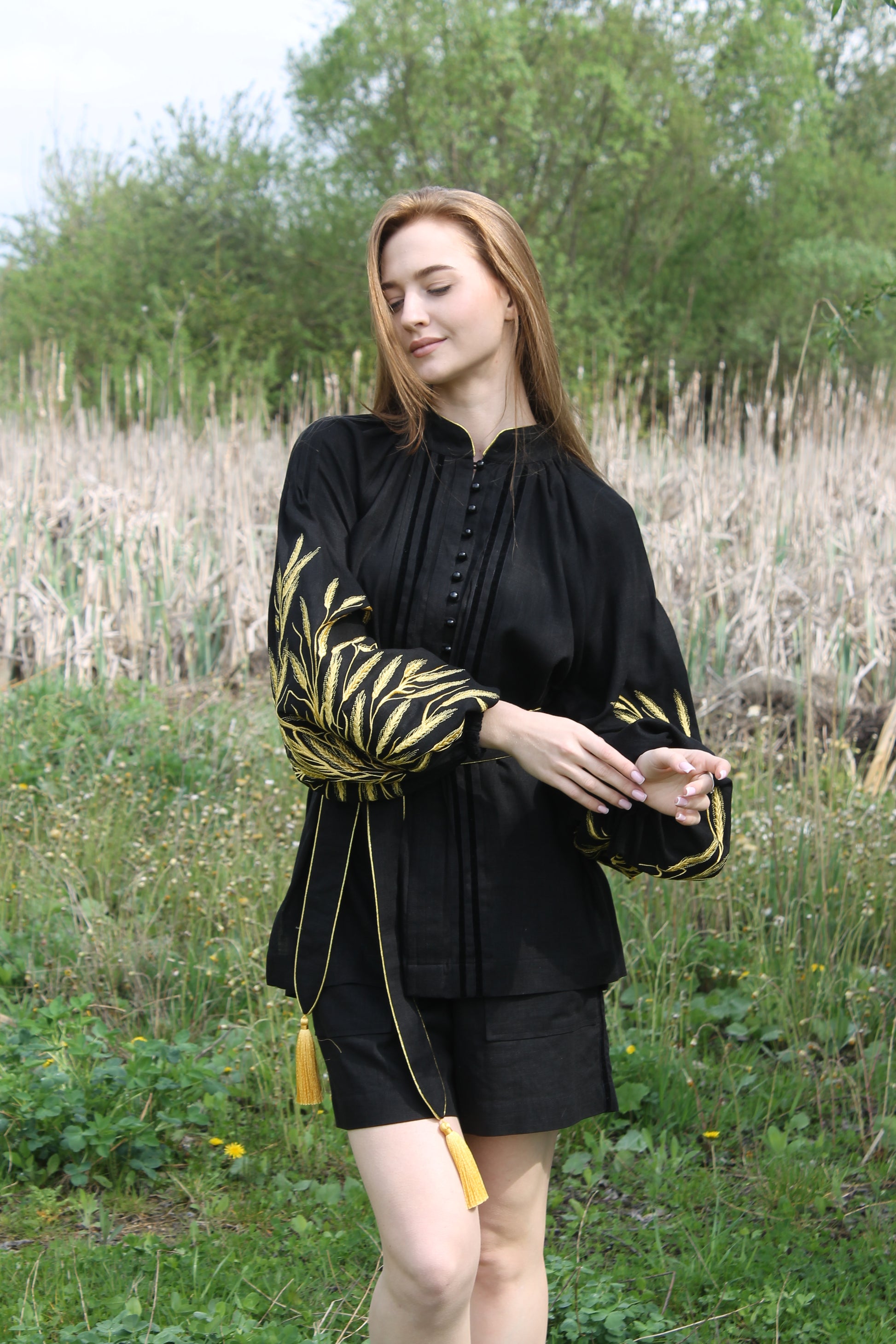 Black Linen Blouse With "Wheat" Embroidery