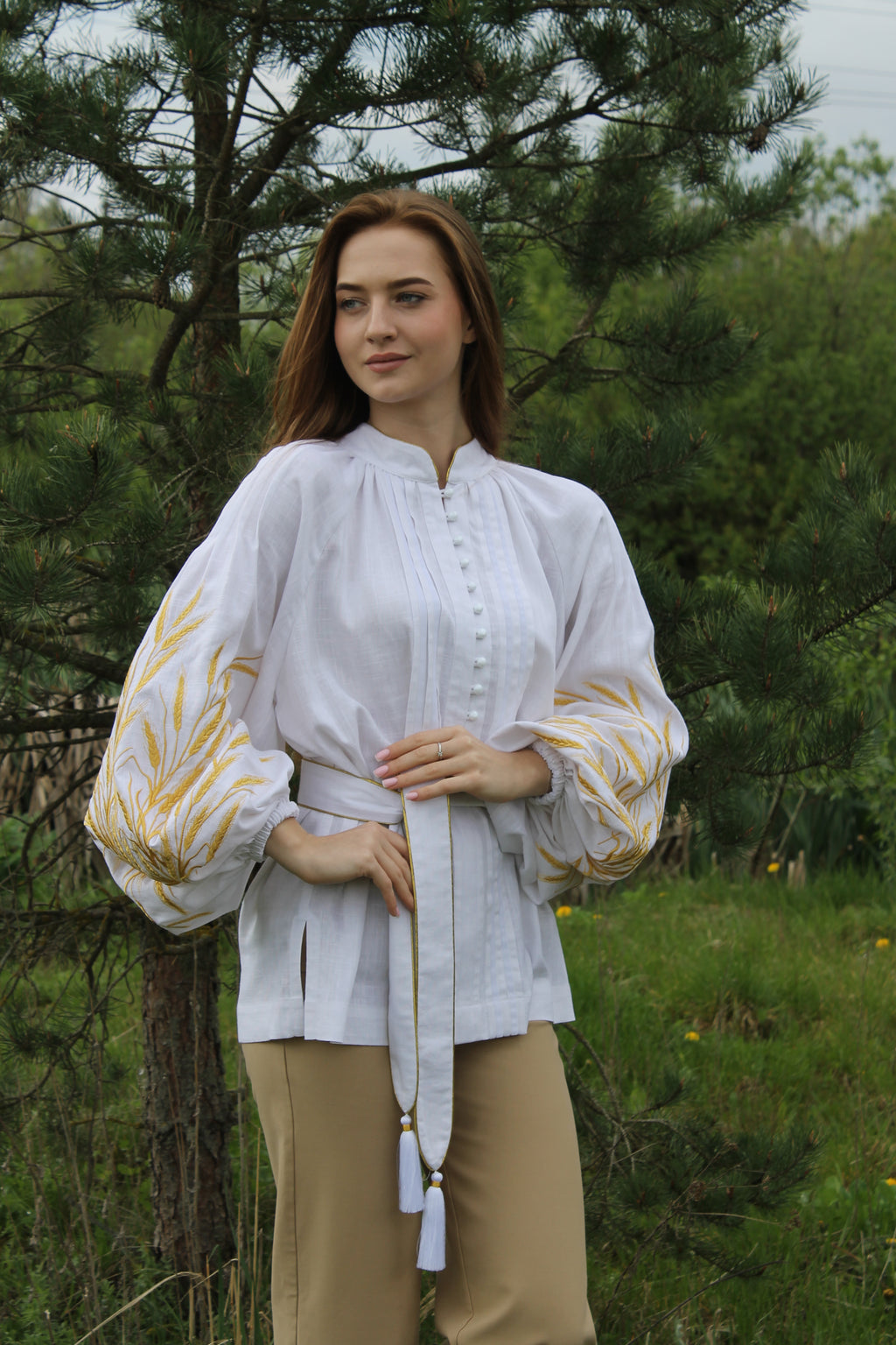 White Linen Blouse With "Wheat" Embroidery