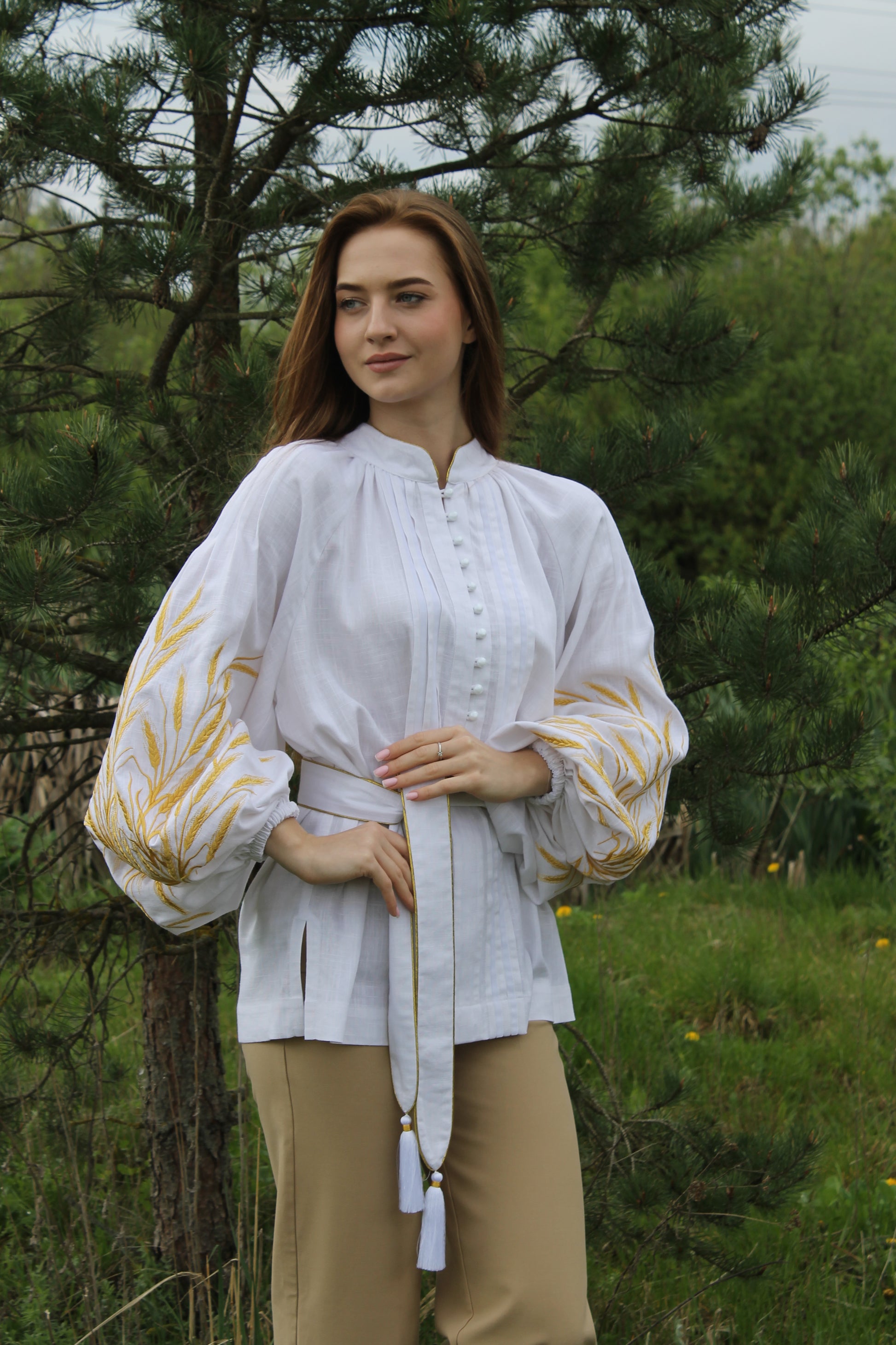 White Linen Blouse With "Wheat" Embroidery