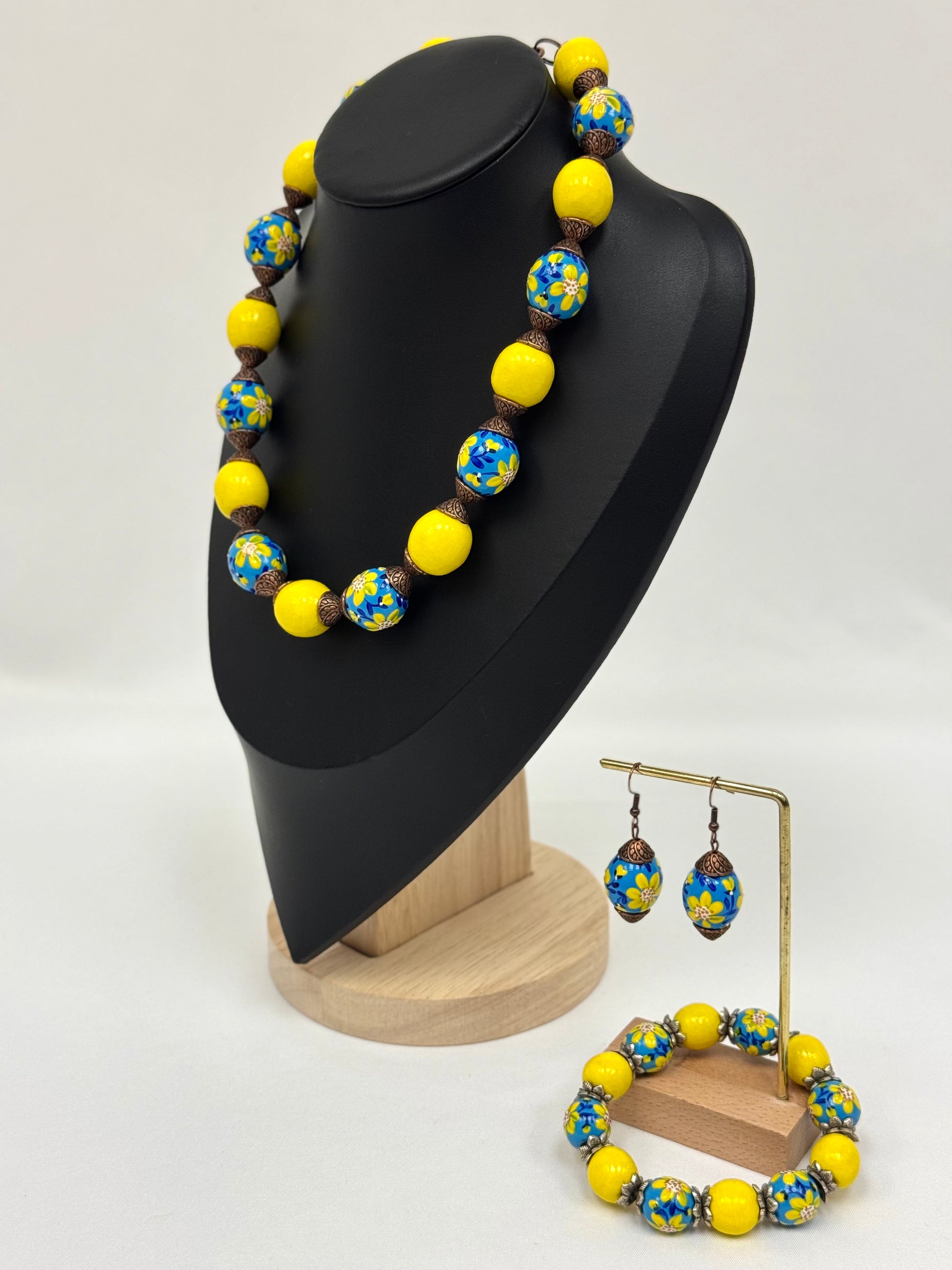 Wooden Jewelry Set With Hand-Painted Acrylic Design