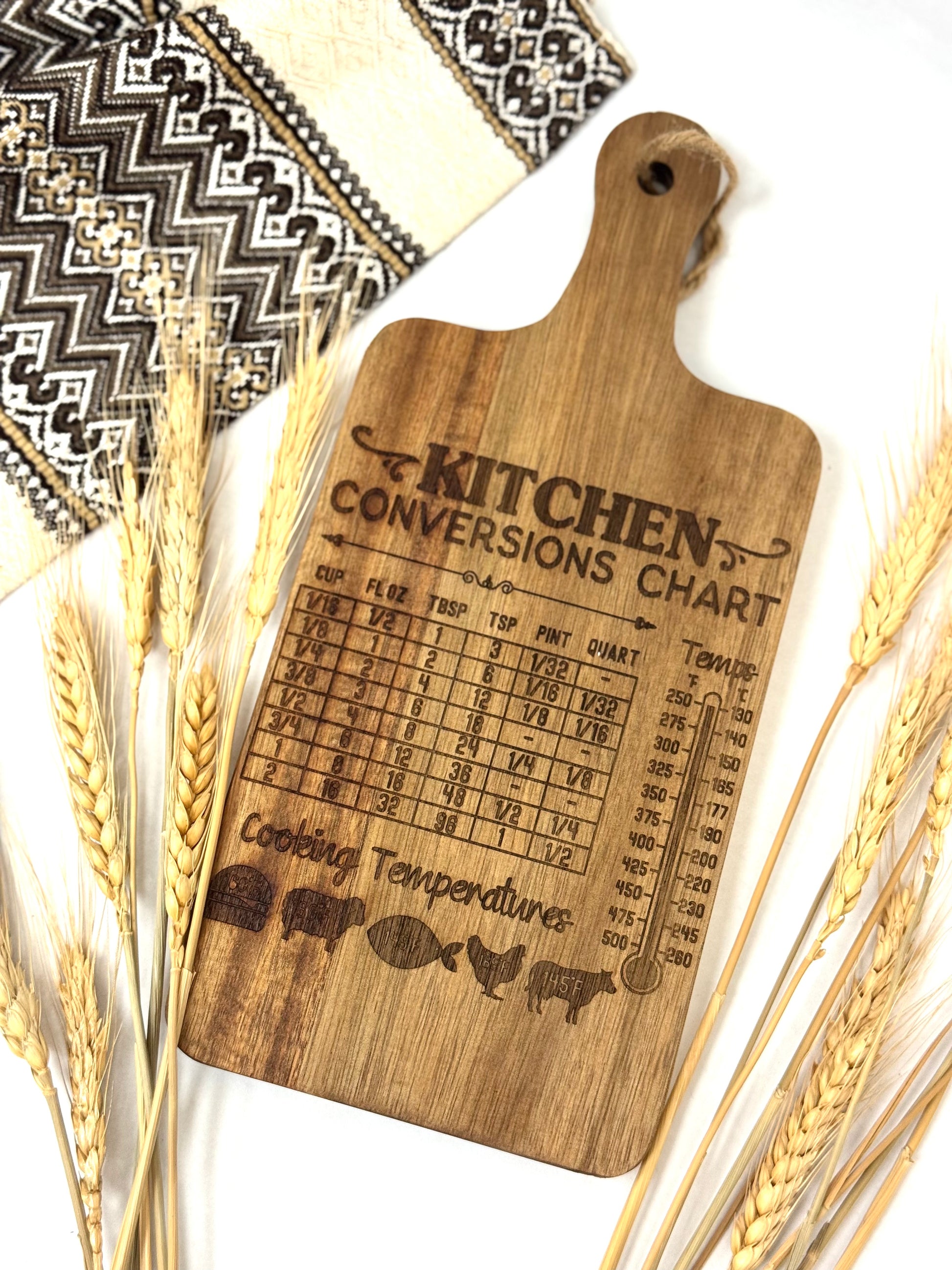 Wooden Cutting Board With Cooking Conversion Chart