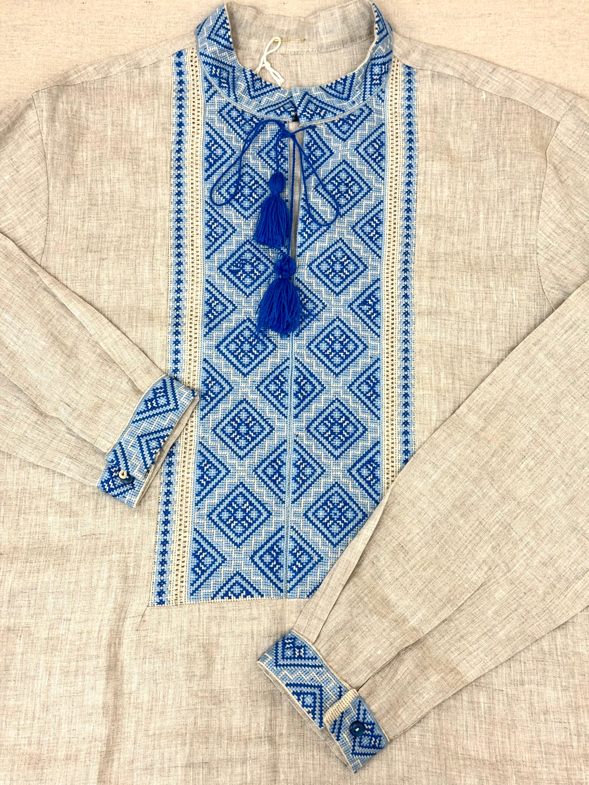 Men’s Grey Linen Vyshyvanka Hand-Embroidered With Traditional Embroidery