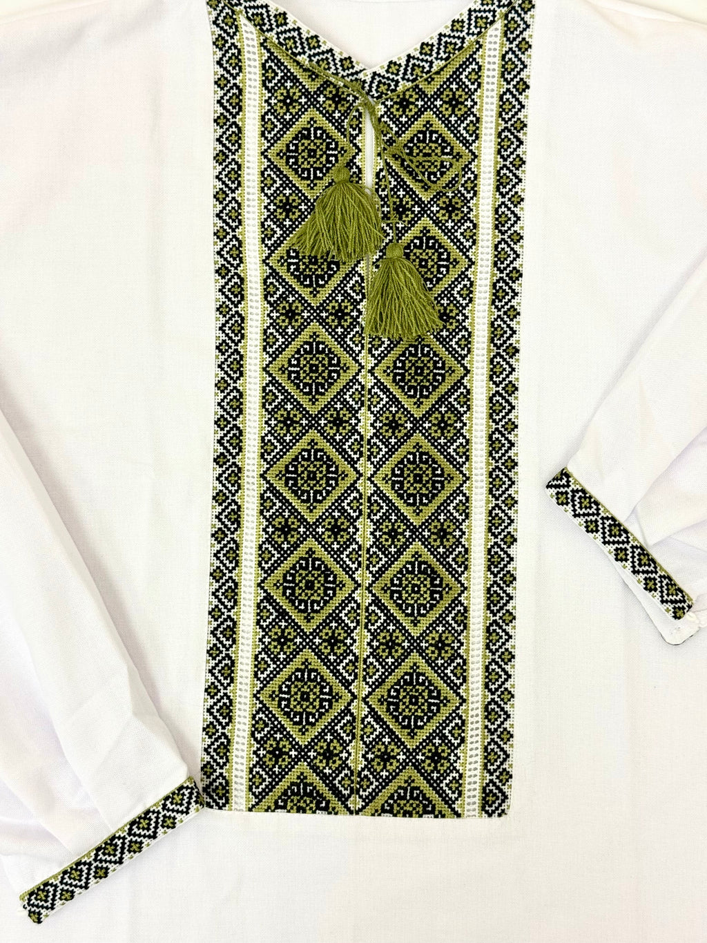 Men’s White Vyshyvanka with Traditional Green Hand Embroidery