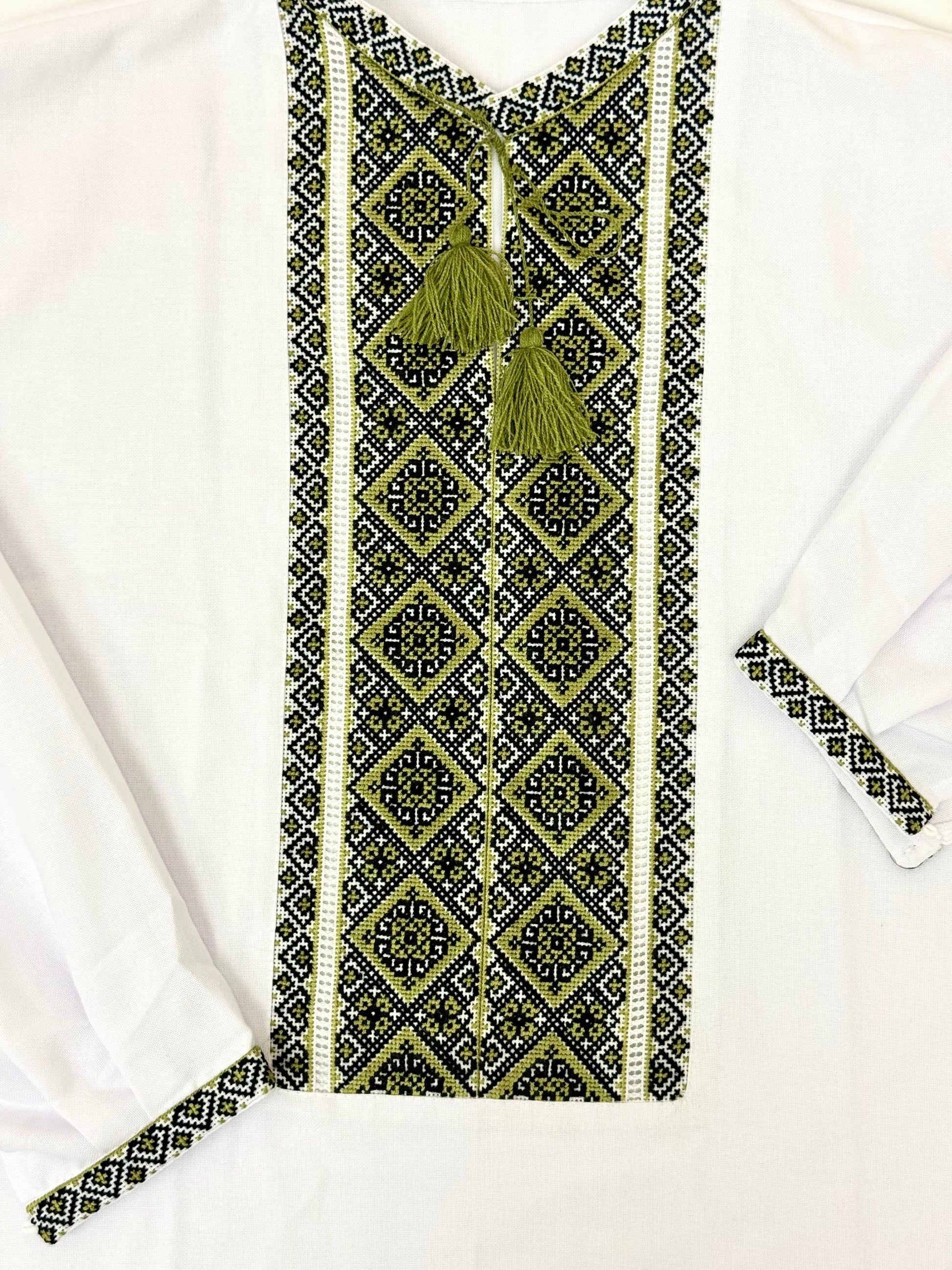 Men’s White Vyshyvanka with Traditional Green Hand Embroidery