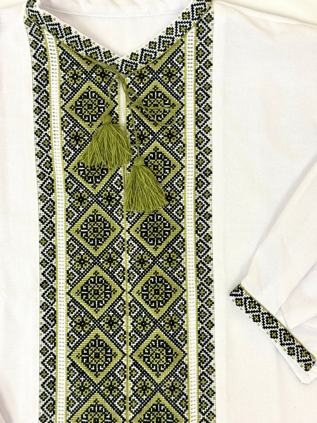 Men’s White Vyshyvanka with Traditional Green Hand Embroidery
