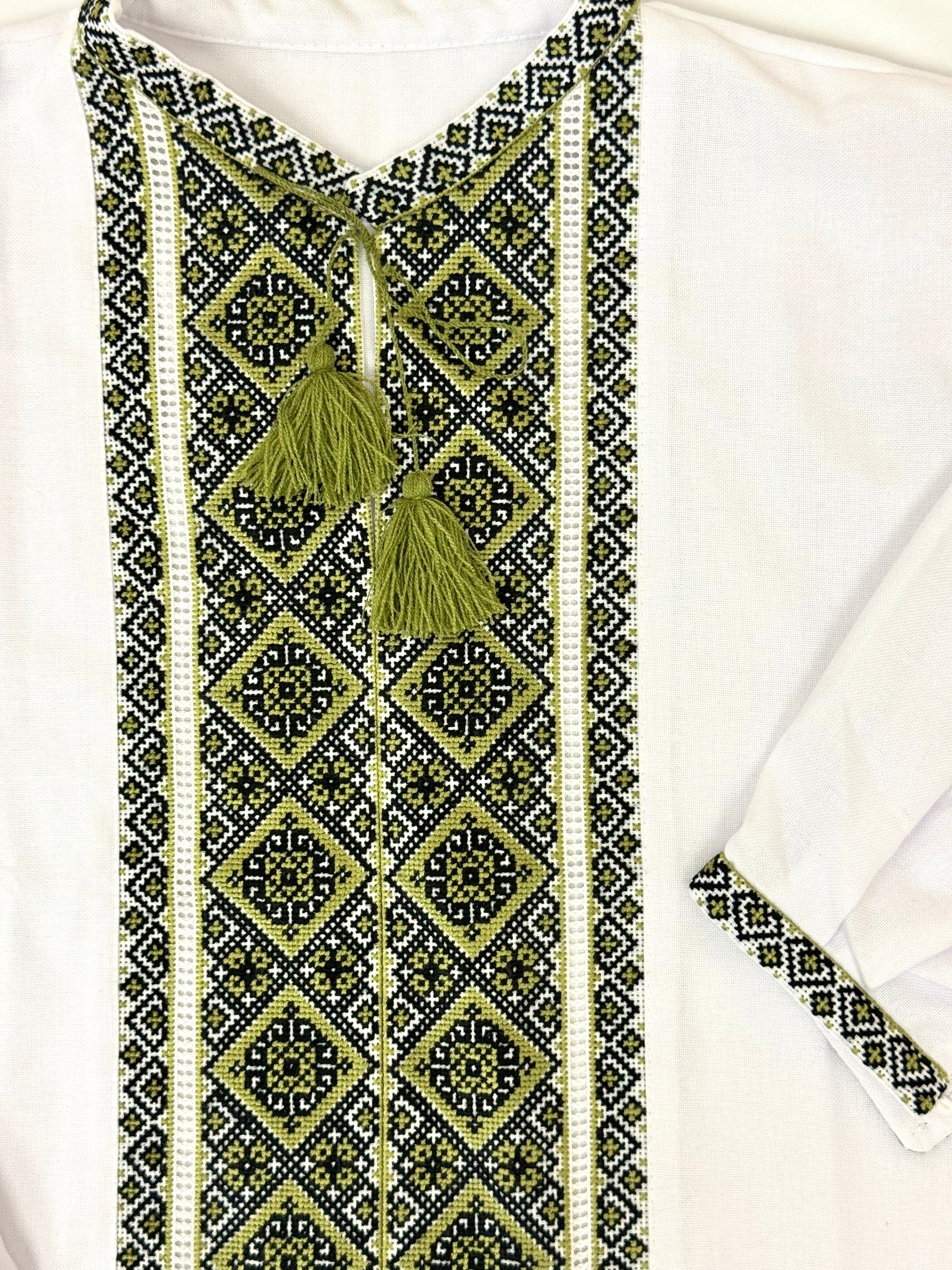 Men’s White Vyshyvanka with Traditional Green Hand Embroidery