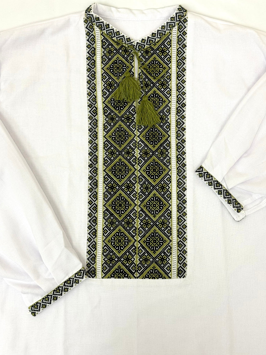 Men’s White Vyshyvanka with Traditional Green Hand Embroidery