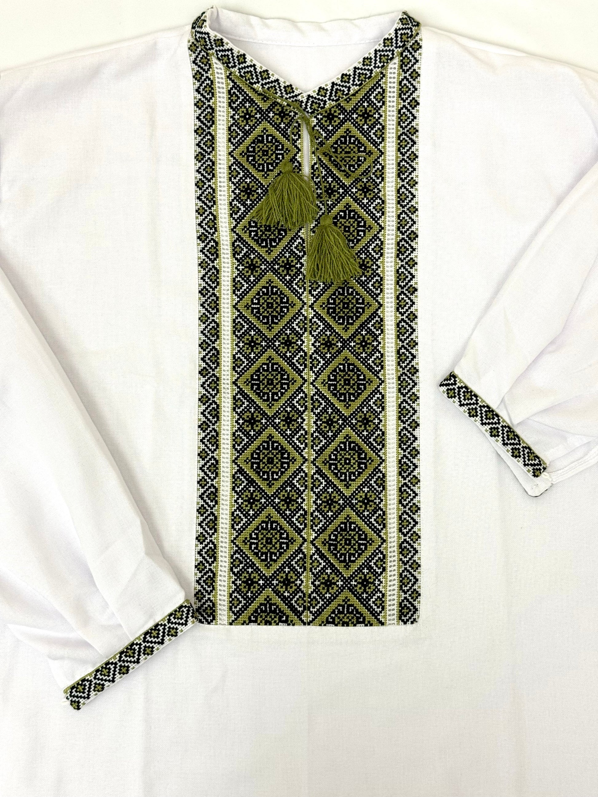 Men’s White Vyshyvanka with Traditional Green Hand Embroidery