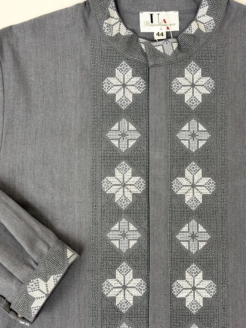 Men’s Gray Vyshyvanka With Traditional Embroidery Long Sleeve