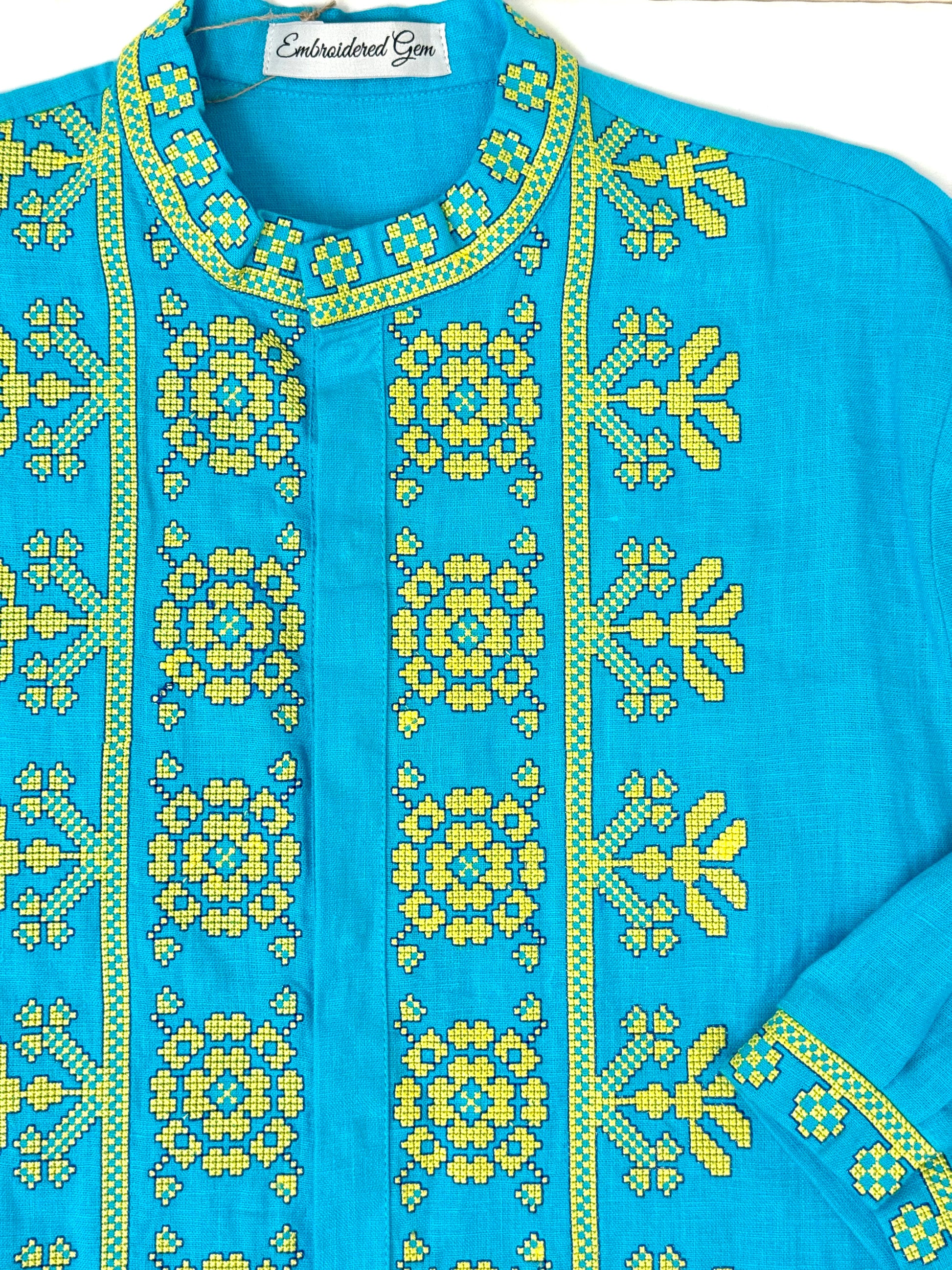 Men’s Blue Vyshyvanka “Patriotic” With Traditional Embroidery Long Sleeve