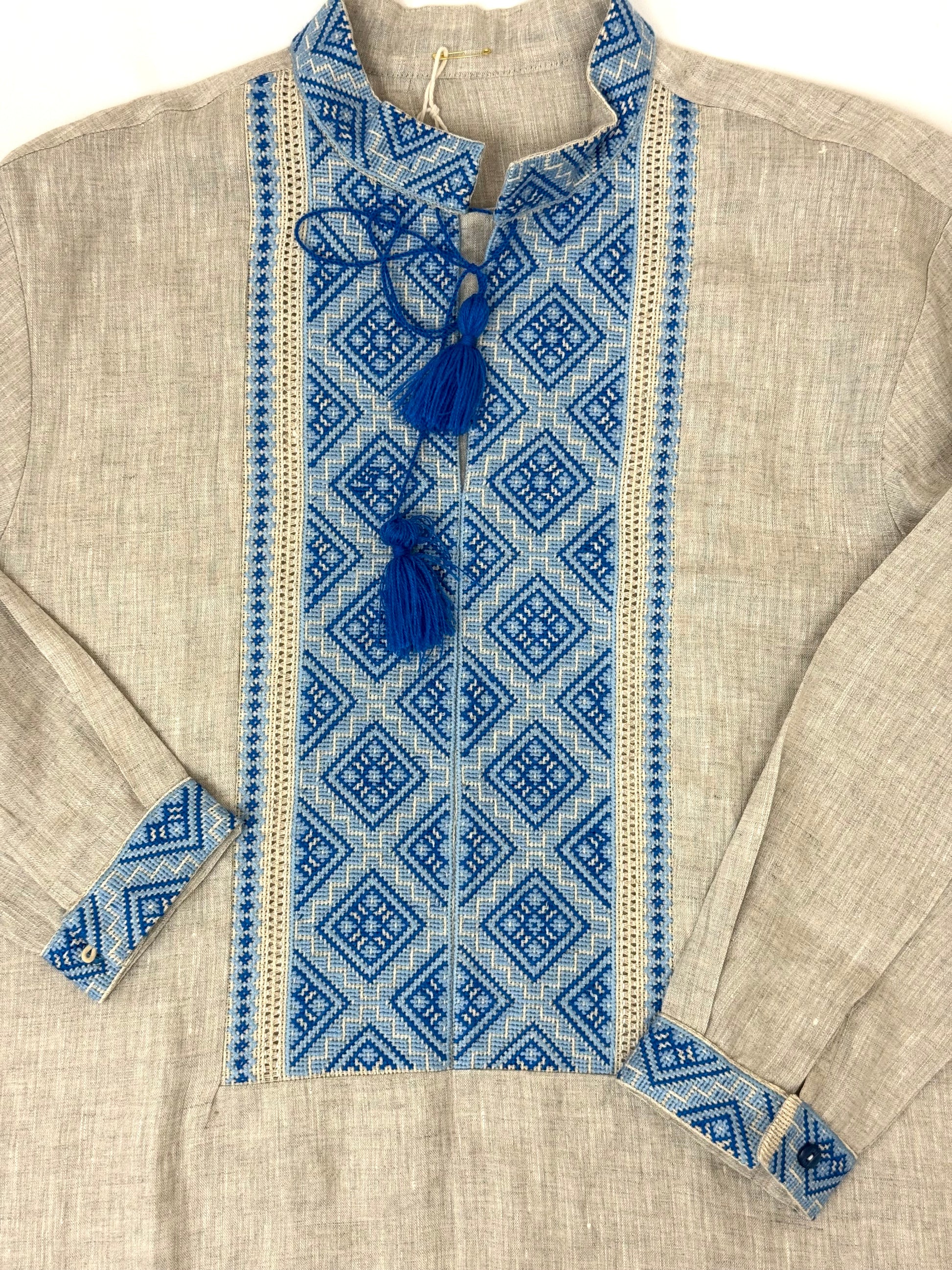 Men’s Grey Linen Vyshyvanka Hand-Embroidered With Traditional Embroidery