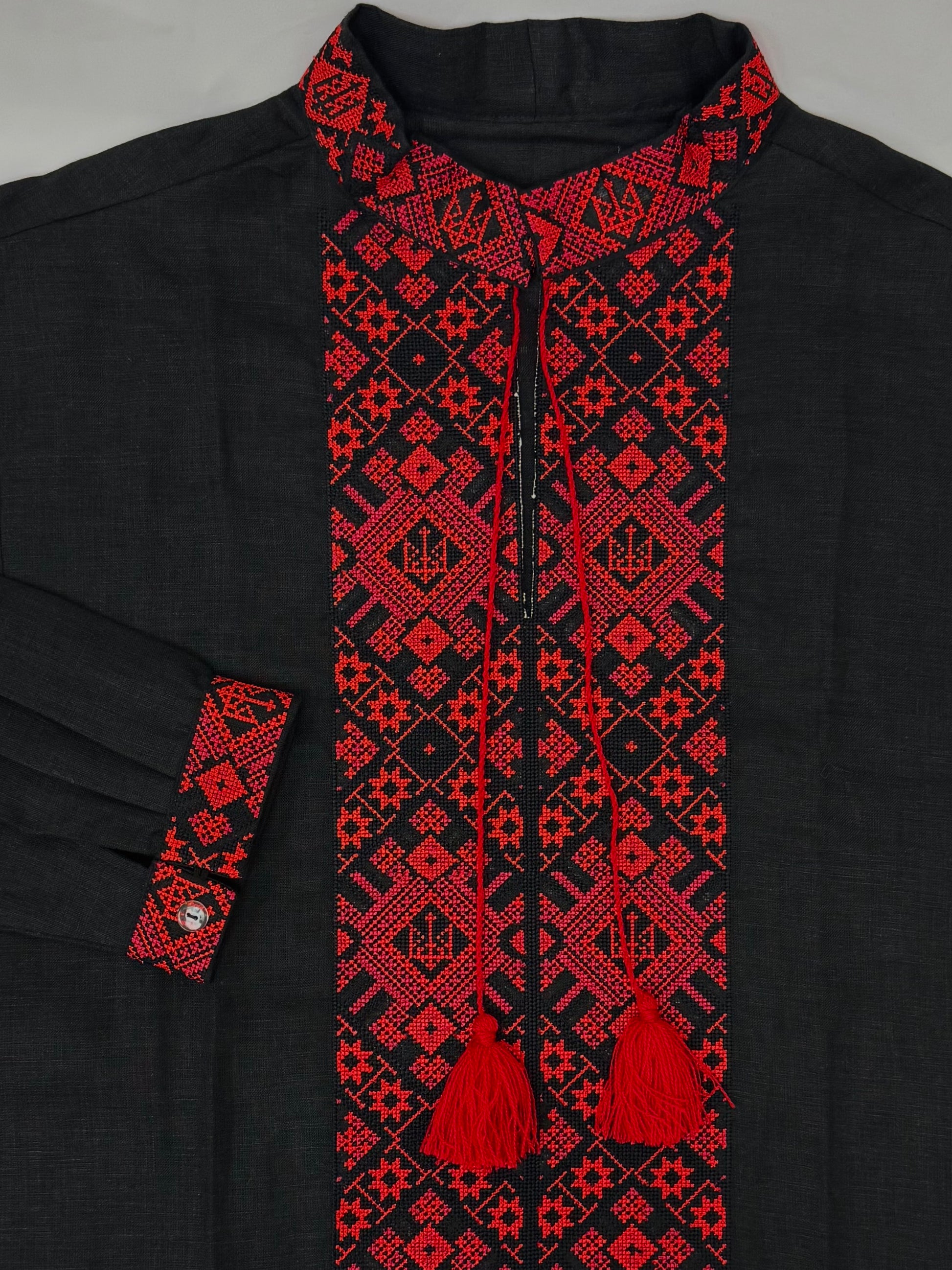 Men’s Linen Black Vyshyvanka With Traditional Embroidery Long Sleeve