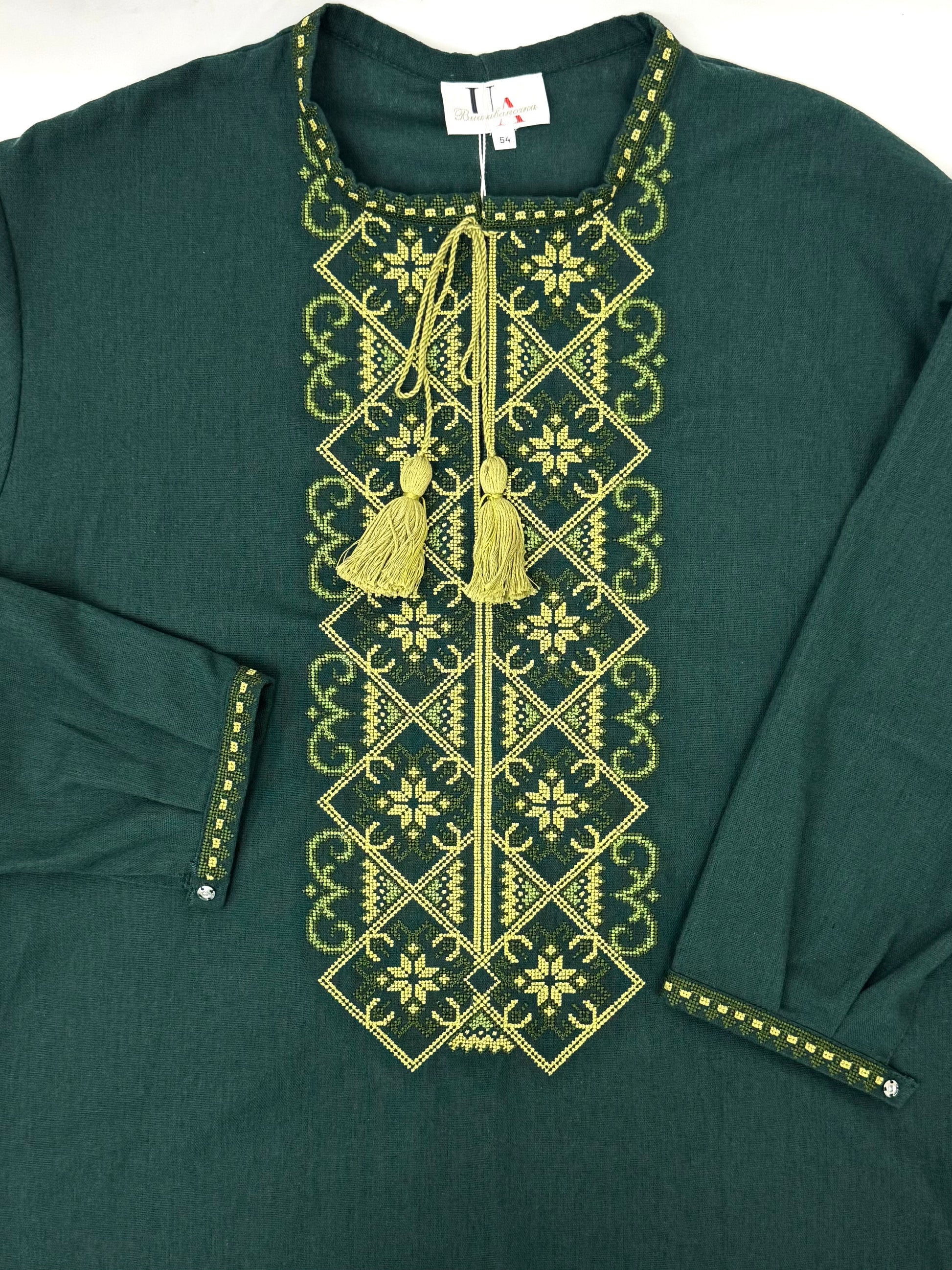 Men’s Linen Dark Green Vyshyvanka With Traditional Embroidery Long Sleeve