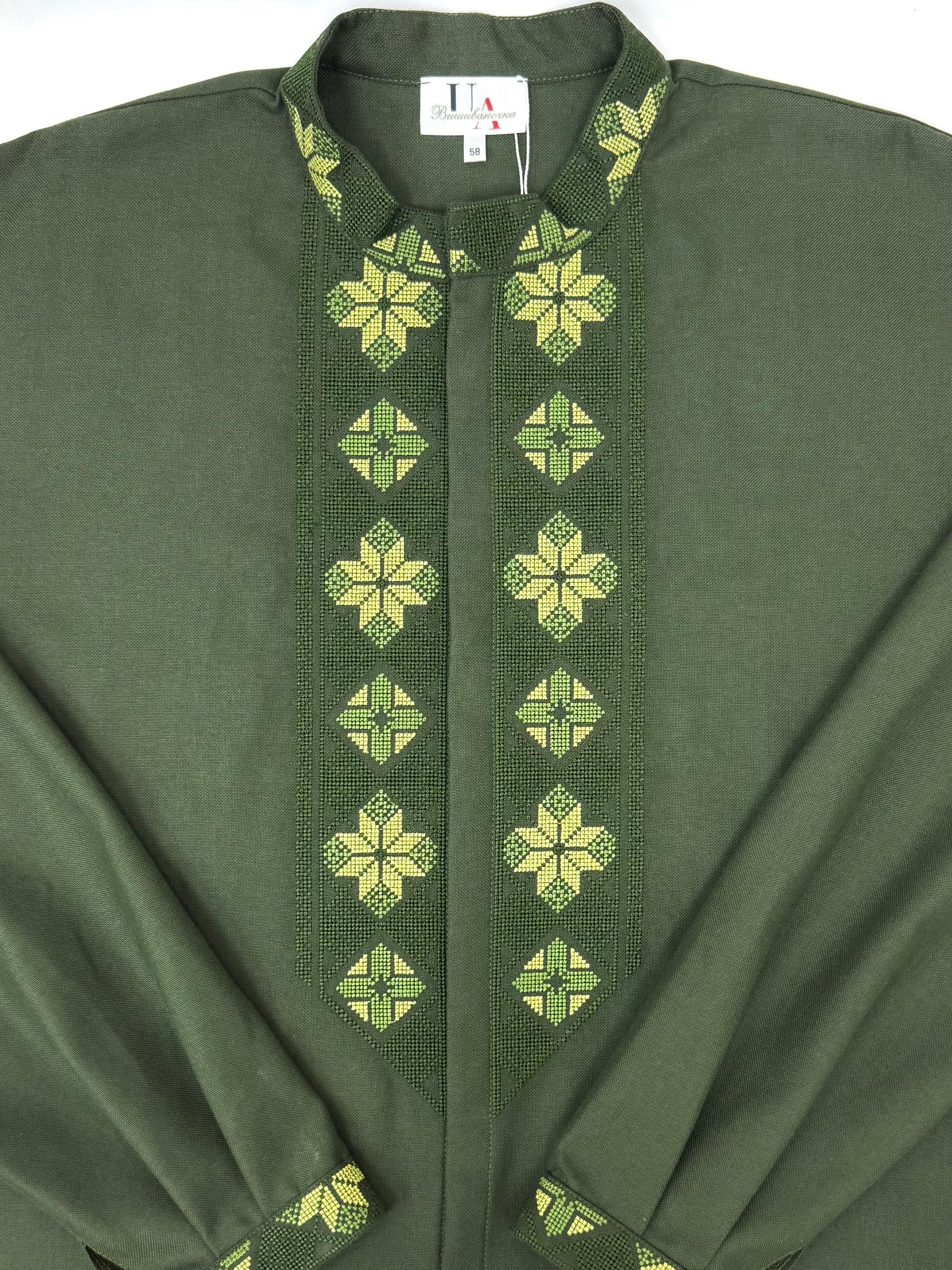 Men’s Linen Dark Green Vyshyvanka With Traditional Embroidery Long Sleeve