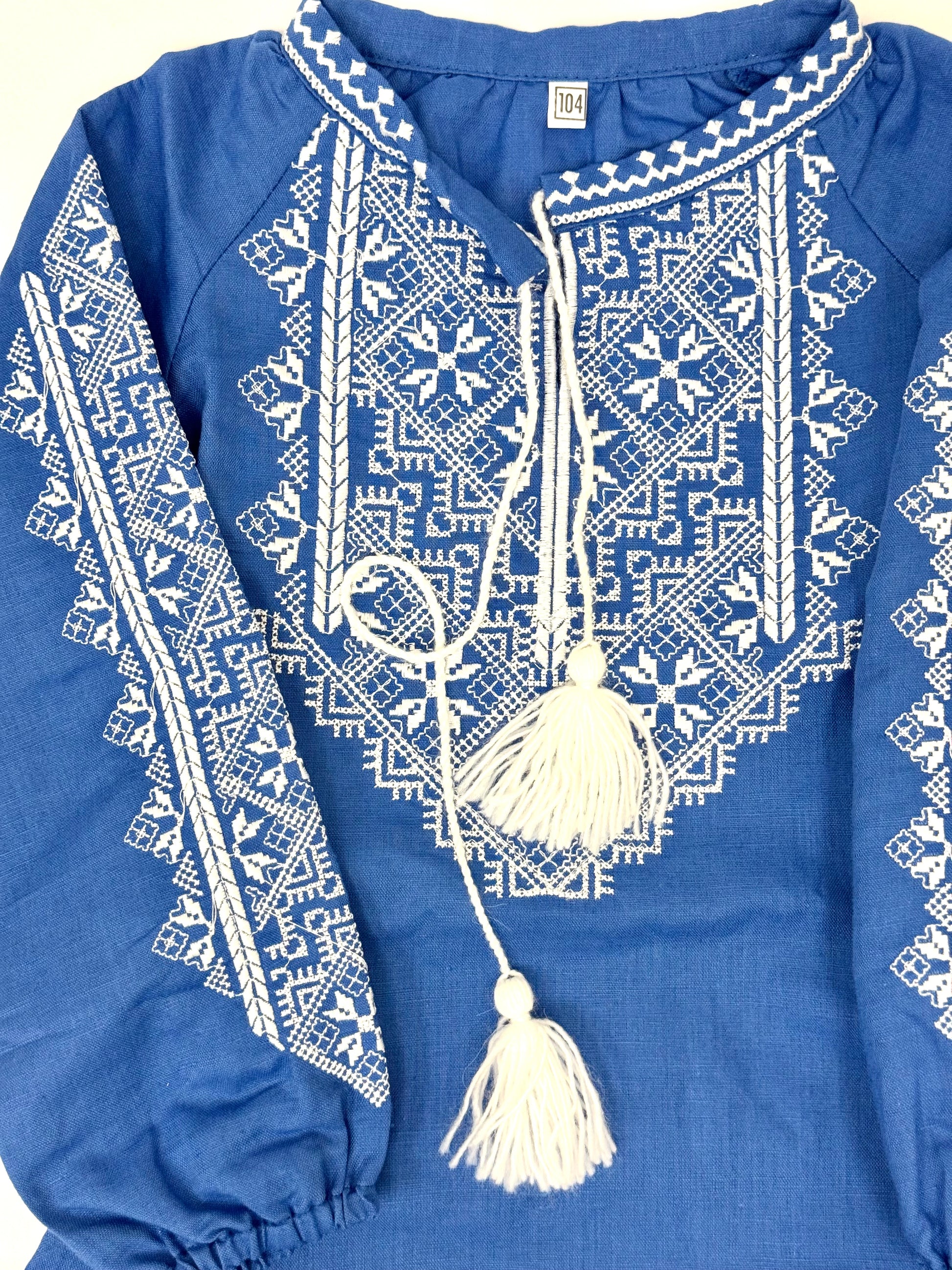 Girls Blue Linen Vyshyvanka Dress Long Sleeve In Ukrainian Traditions