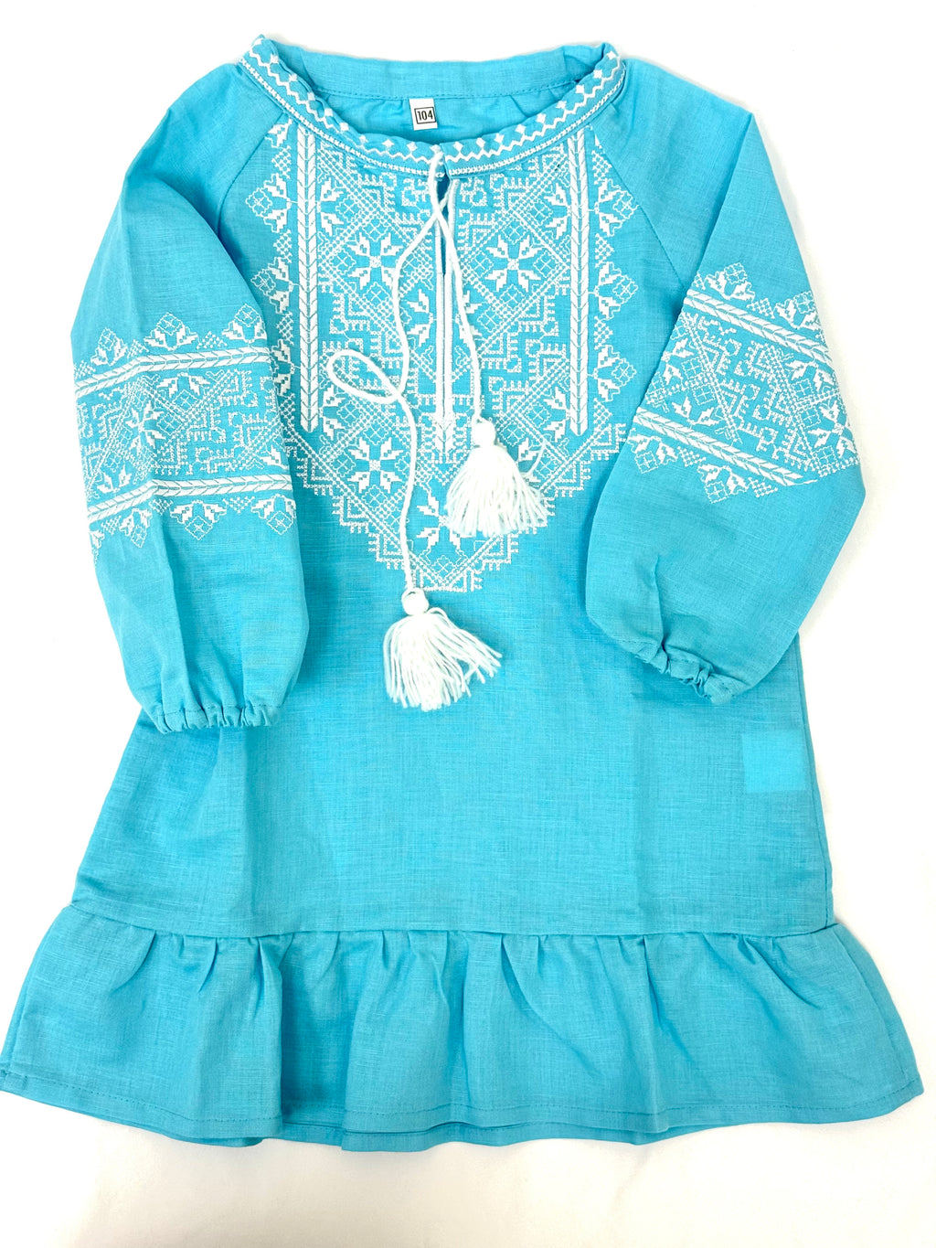 Girls Blue Linen Vyshyvanka Dress Long Sleeve In Ukrainian Traditions