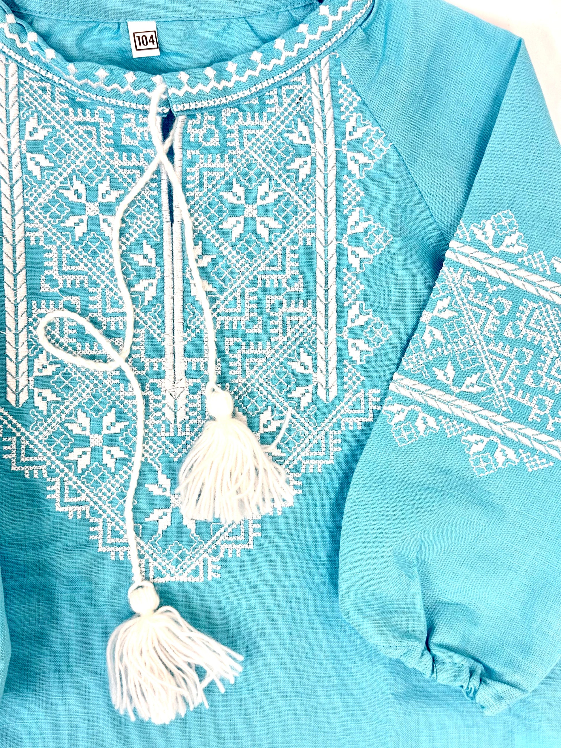 Girls Blue Linen Vyshyvanka Dress Long Sleeve In Ukrainian Traditions