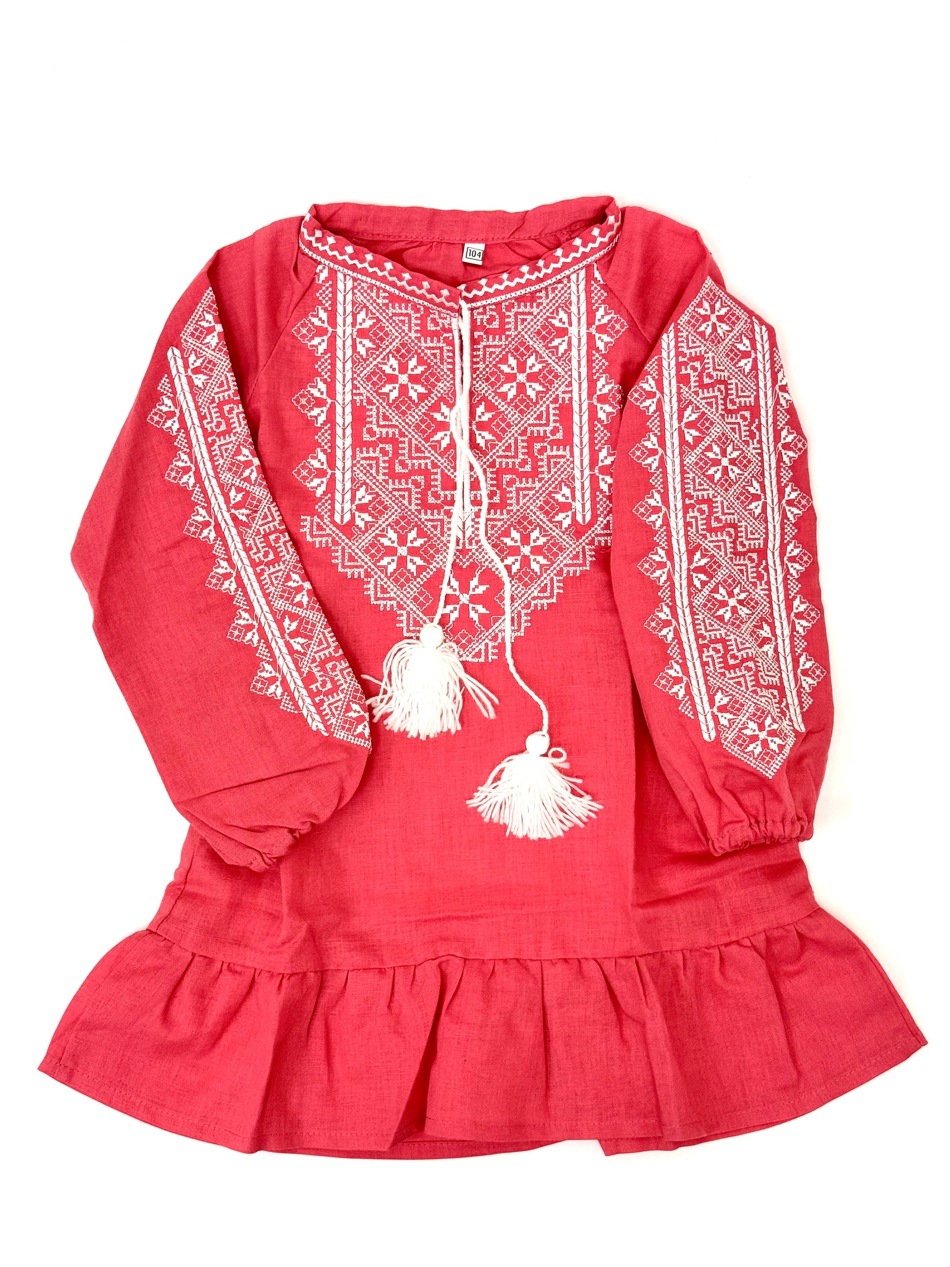 Girls Pink Linen Vyshyvanka Dress Long Sleeve In Ukrainian Traditions