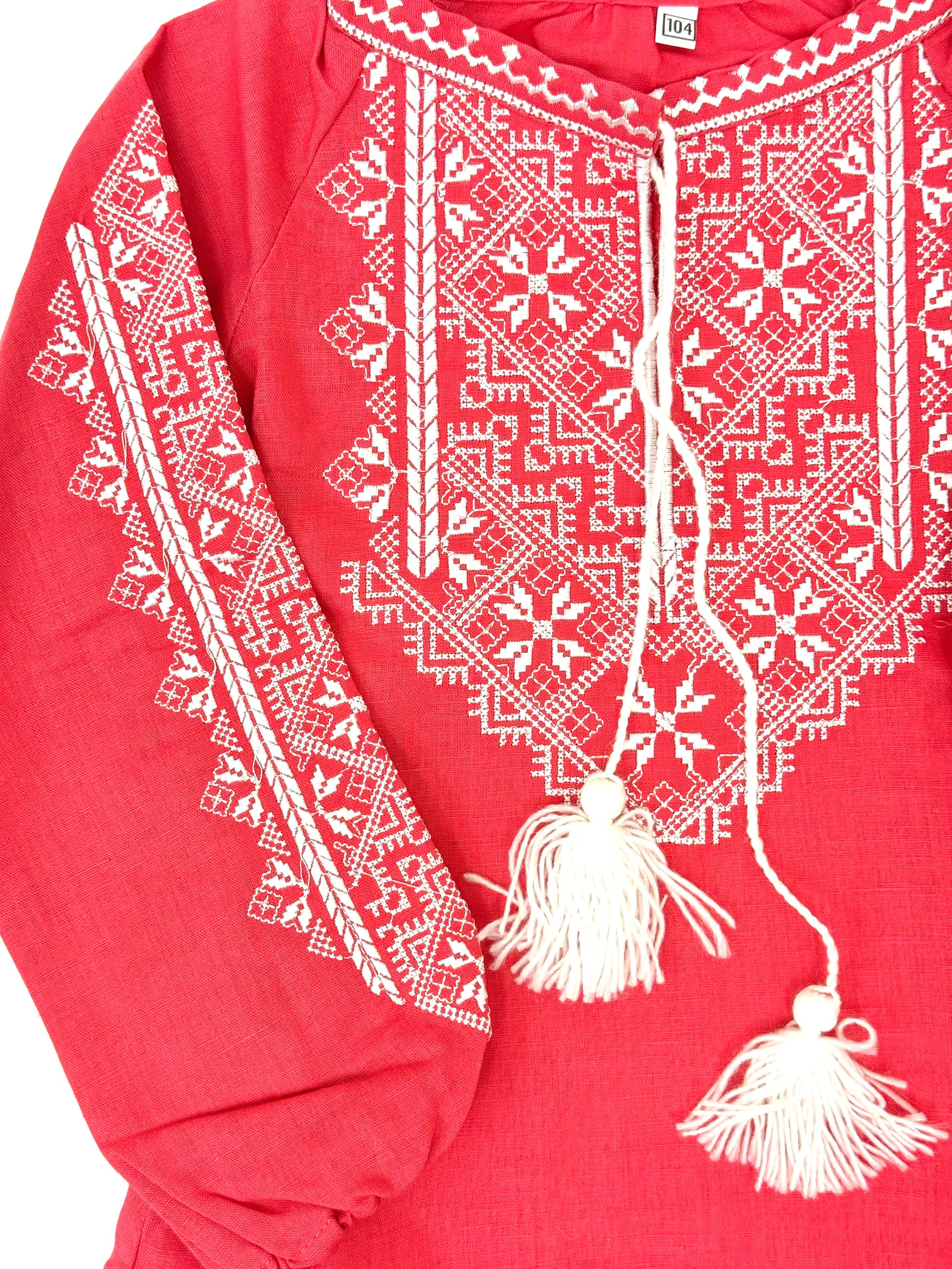 Girls Pink Linen Vyshyvanka Dress Long Sleeve In Ukrainian Traditions