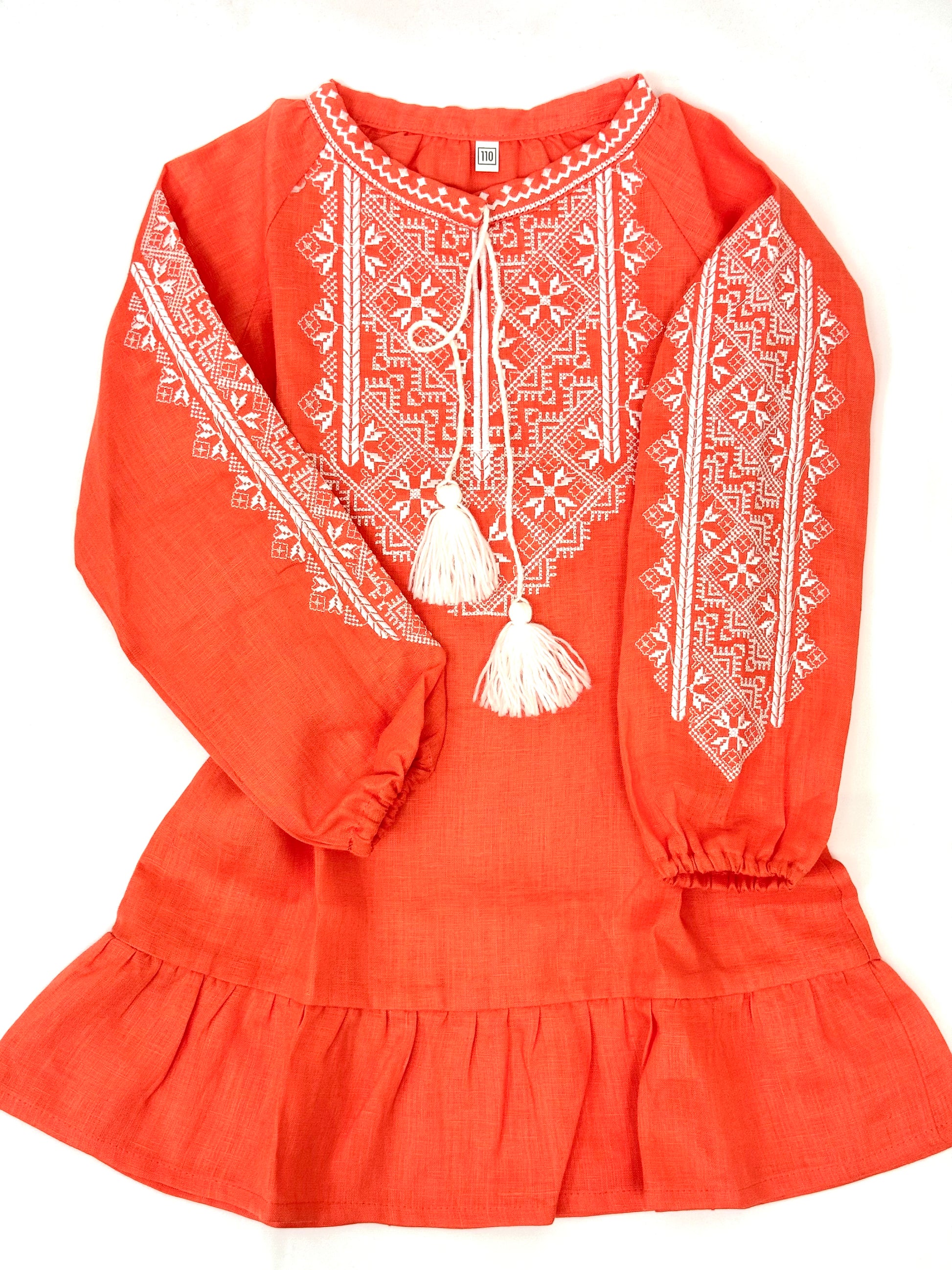 Girls Orange Linen Vyshyvanka Dress Long Sleeve In Ukrainian Traditions