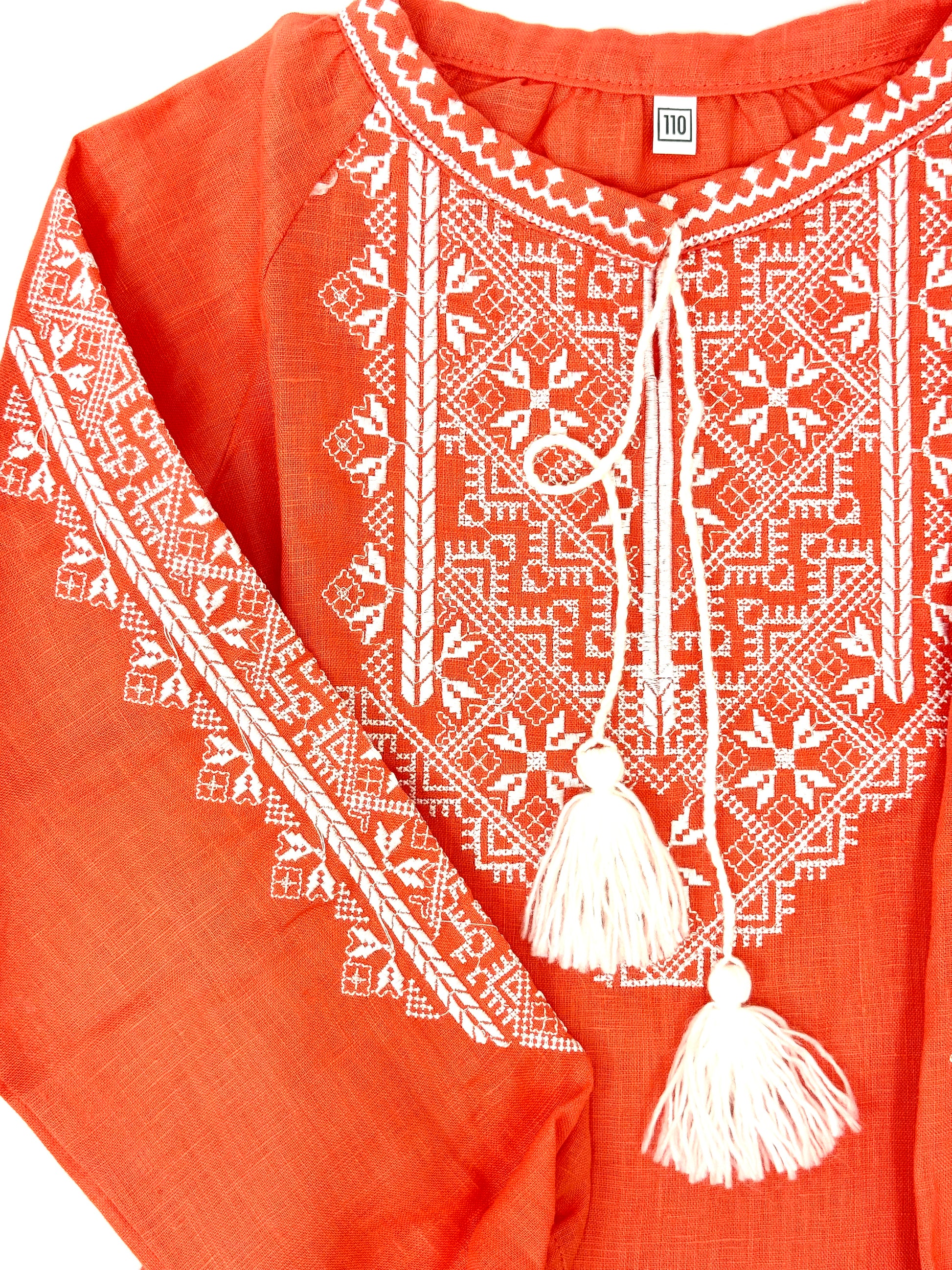 Girls Orange Linen Vyshyvanka Dress Long Sleeve In Ukrainian Traditions