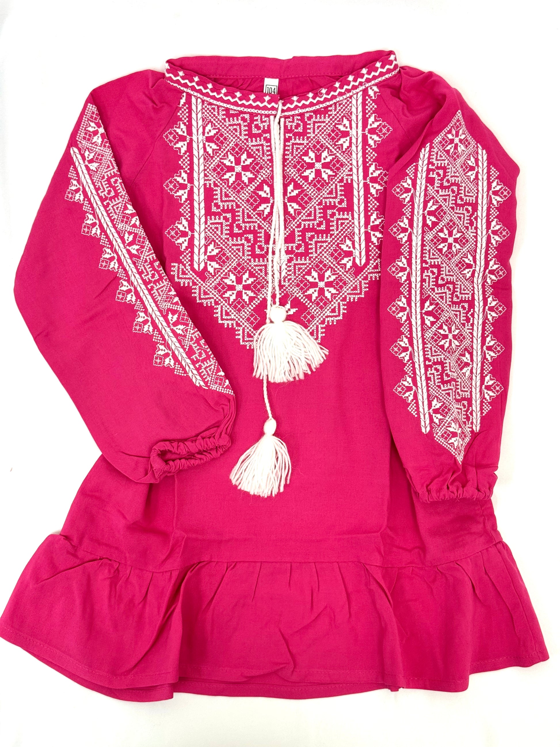 Girls Pink Viscose Vyshyvanka Dress Long Sleeve In Ukrainian Traditions