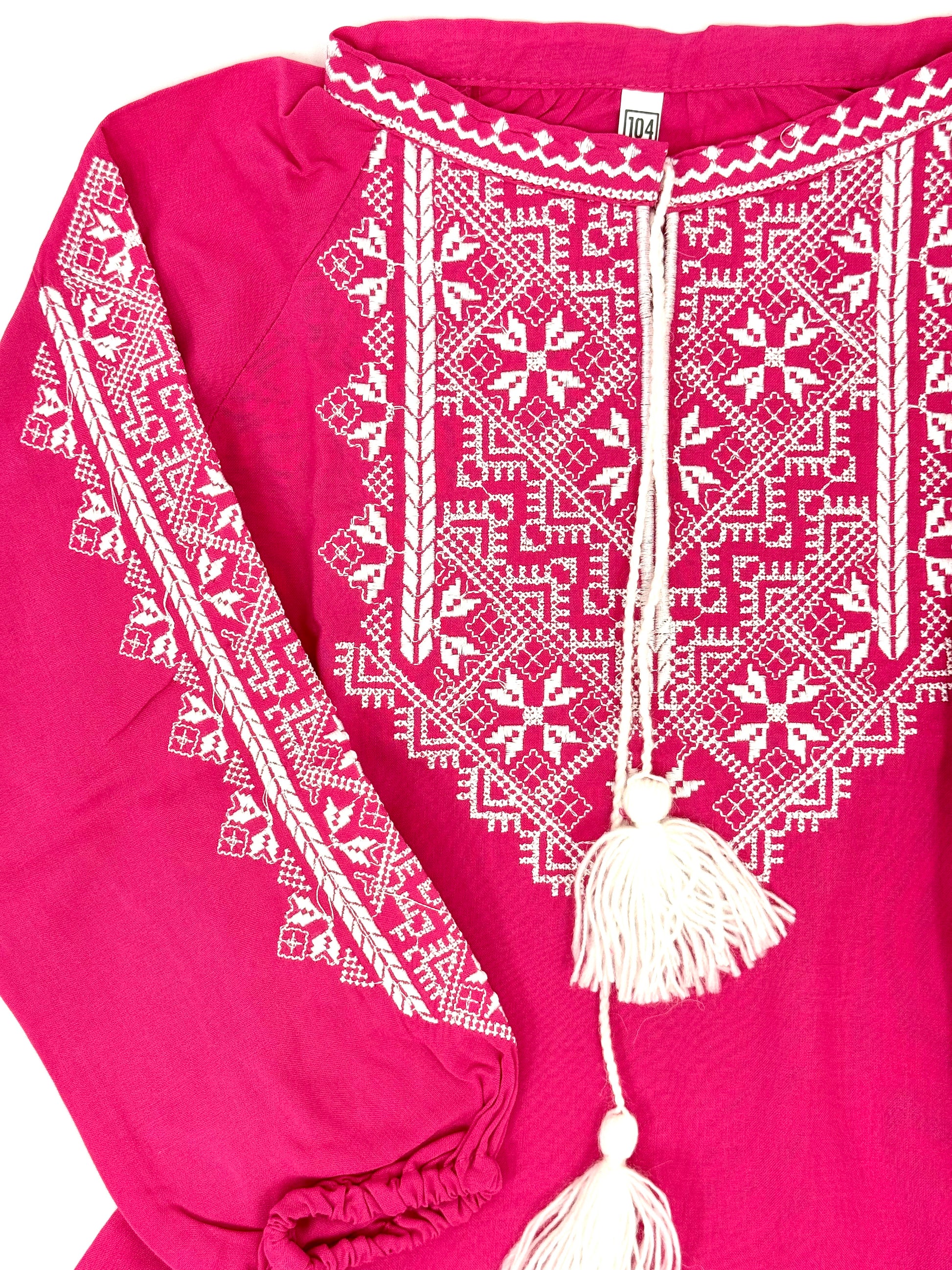 Girls Pink Viscose Vyshyvanka Dress Long Sleeve In Ukrainian Traditions