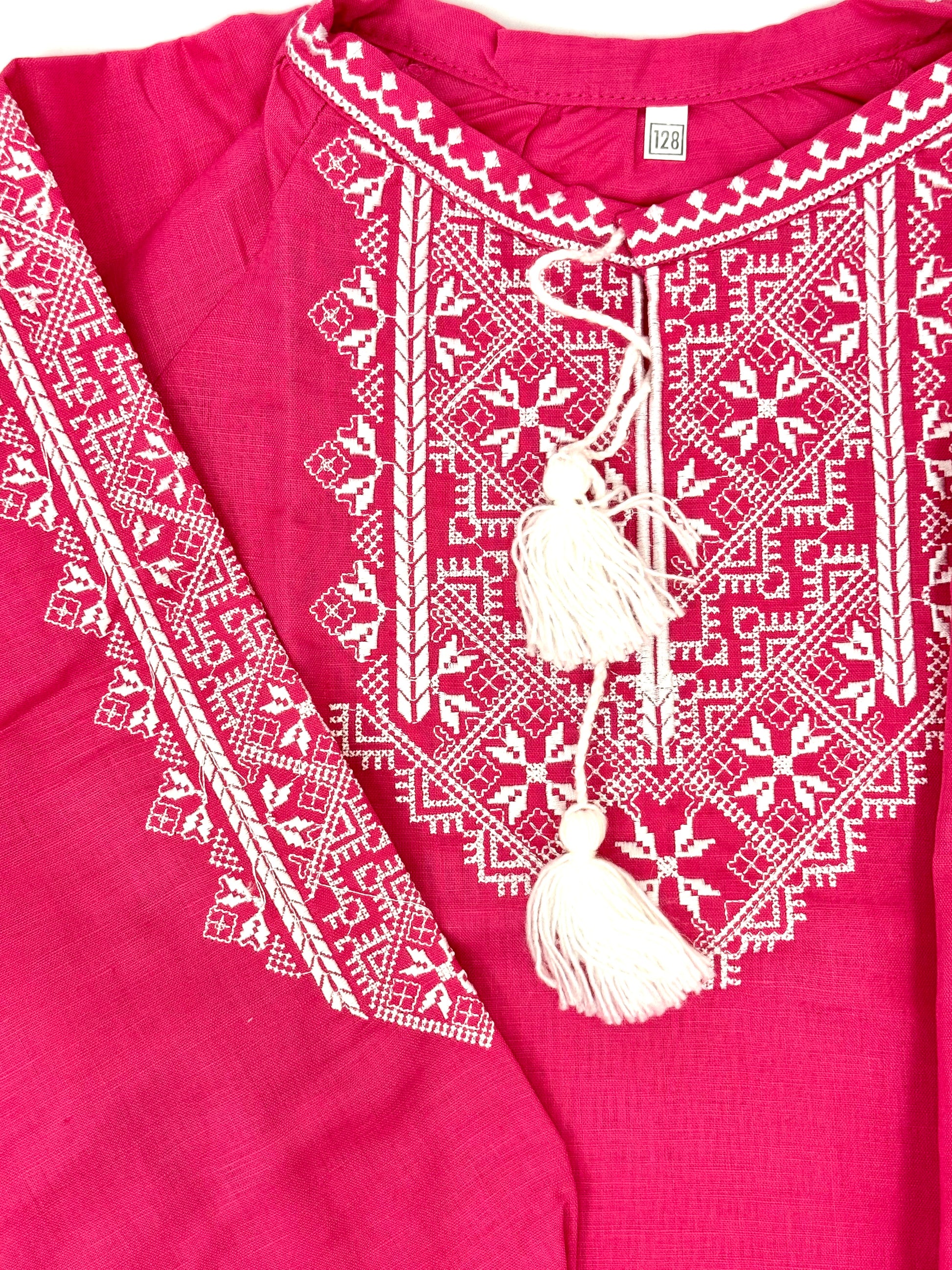 Girls Pink Linen Vyshyvanka Dress Long Sleeve In Ukrainian Traditions