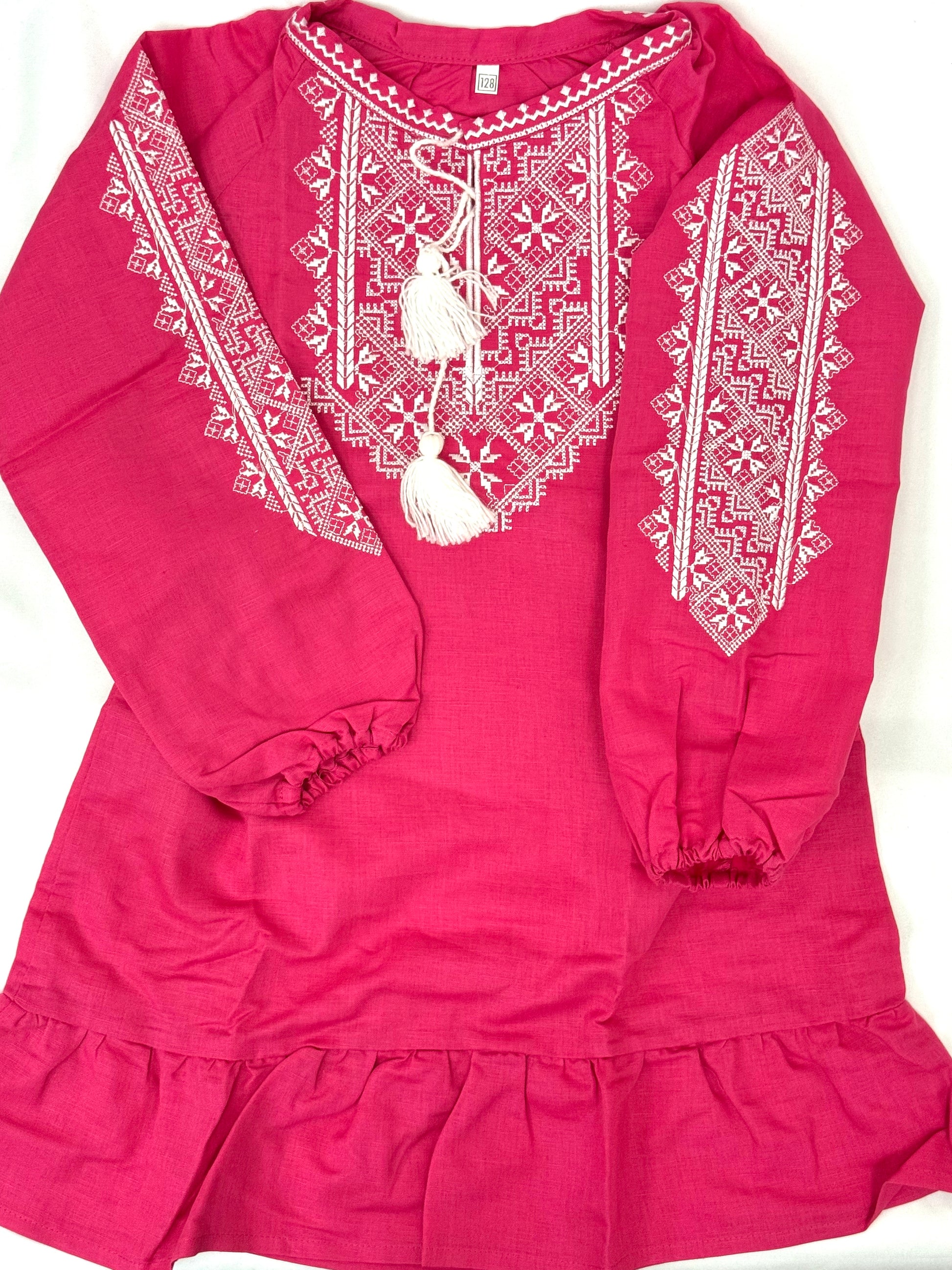 Girls Pink Linen Vyshyvanka Dress Long Sleeve In Ukrainian Traditions