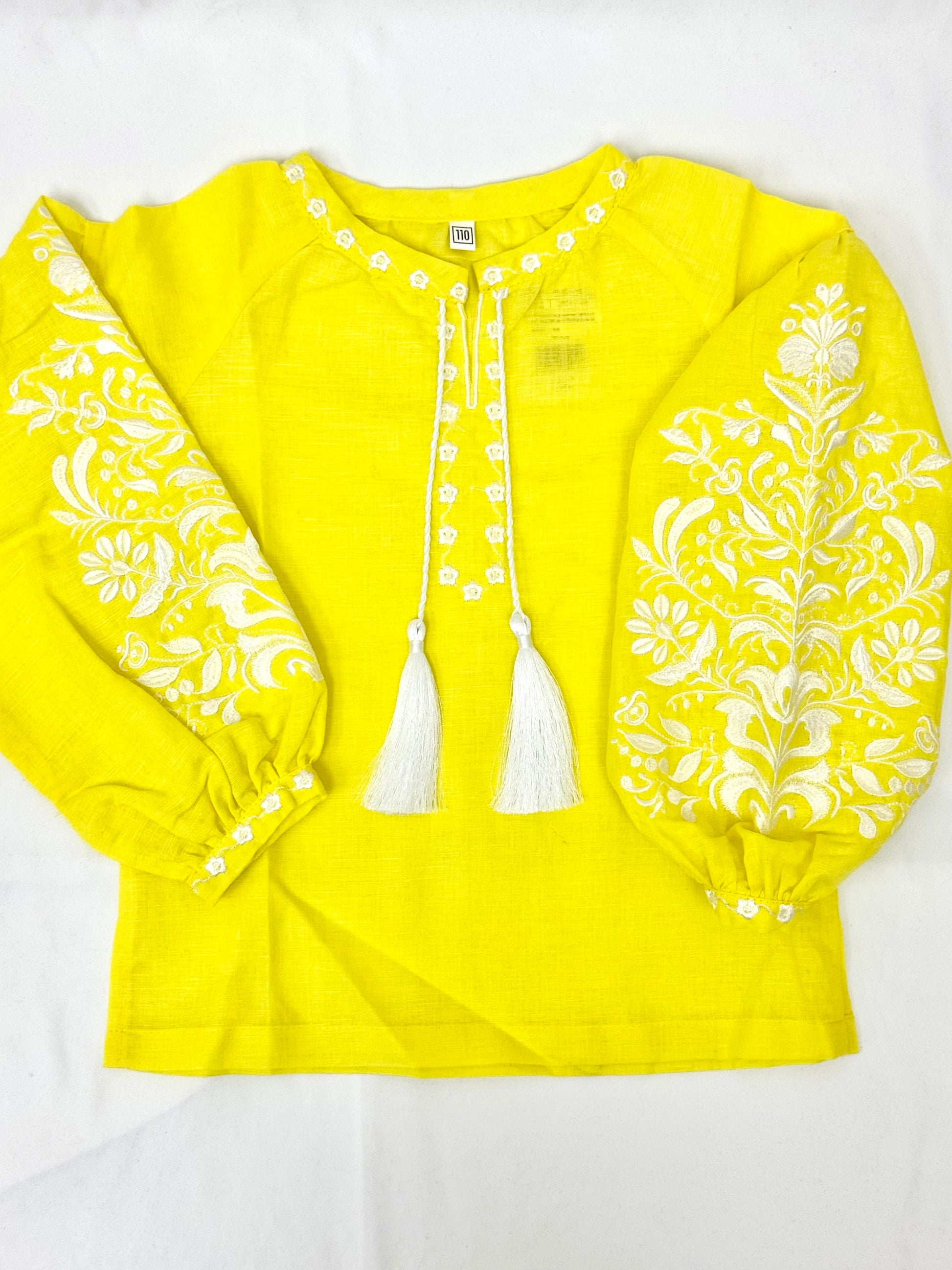 Girls Yellow Lemon Linen Vyshyvanka Long Sleeve In Ukrainian Traditions