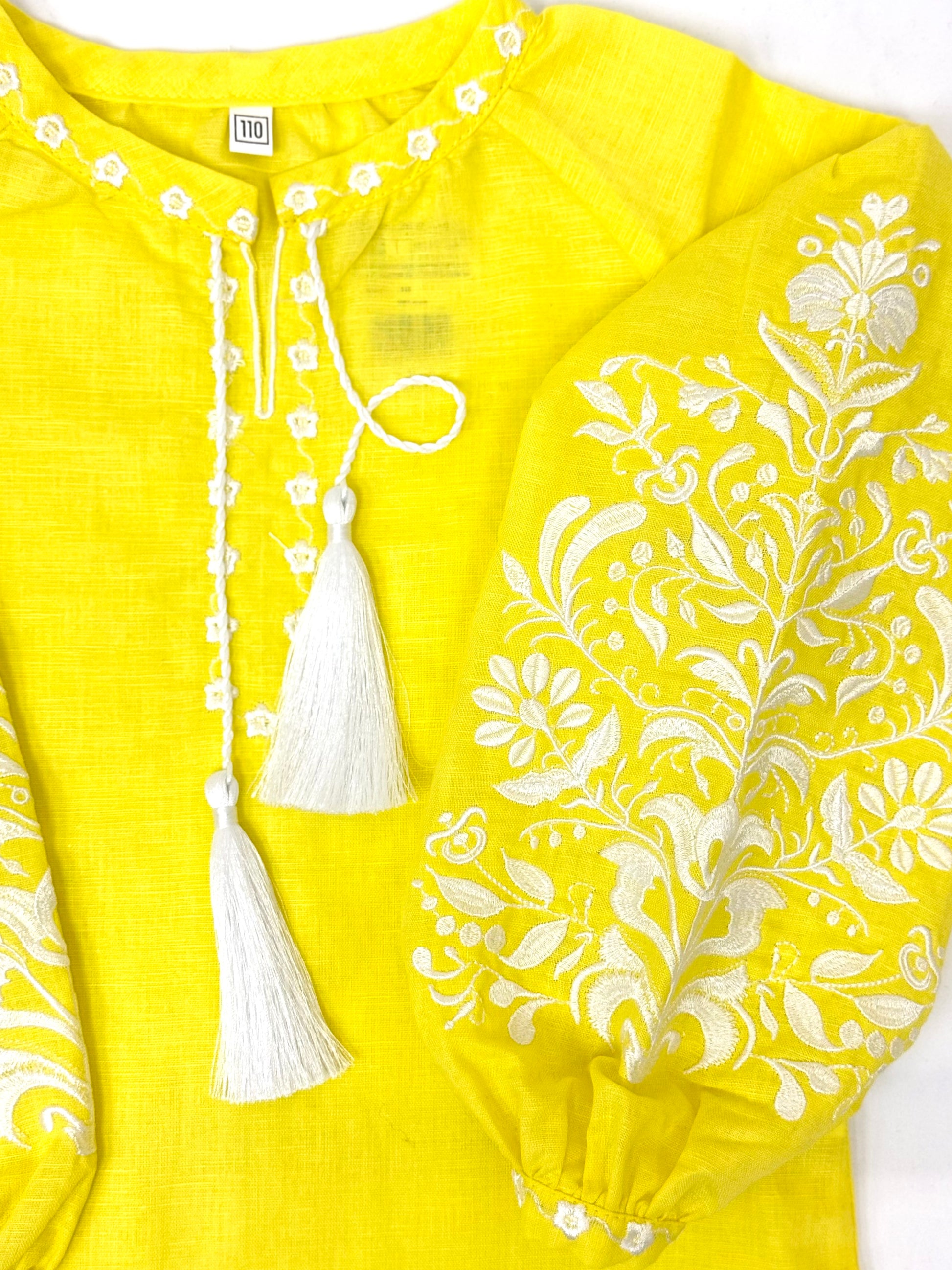 Girls Yellow Lemon Linen Vyshyvanka Long Sleeve In Ukrainian Traditions