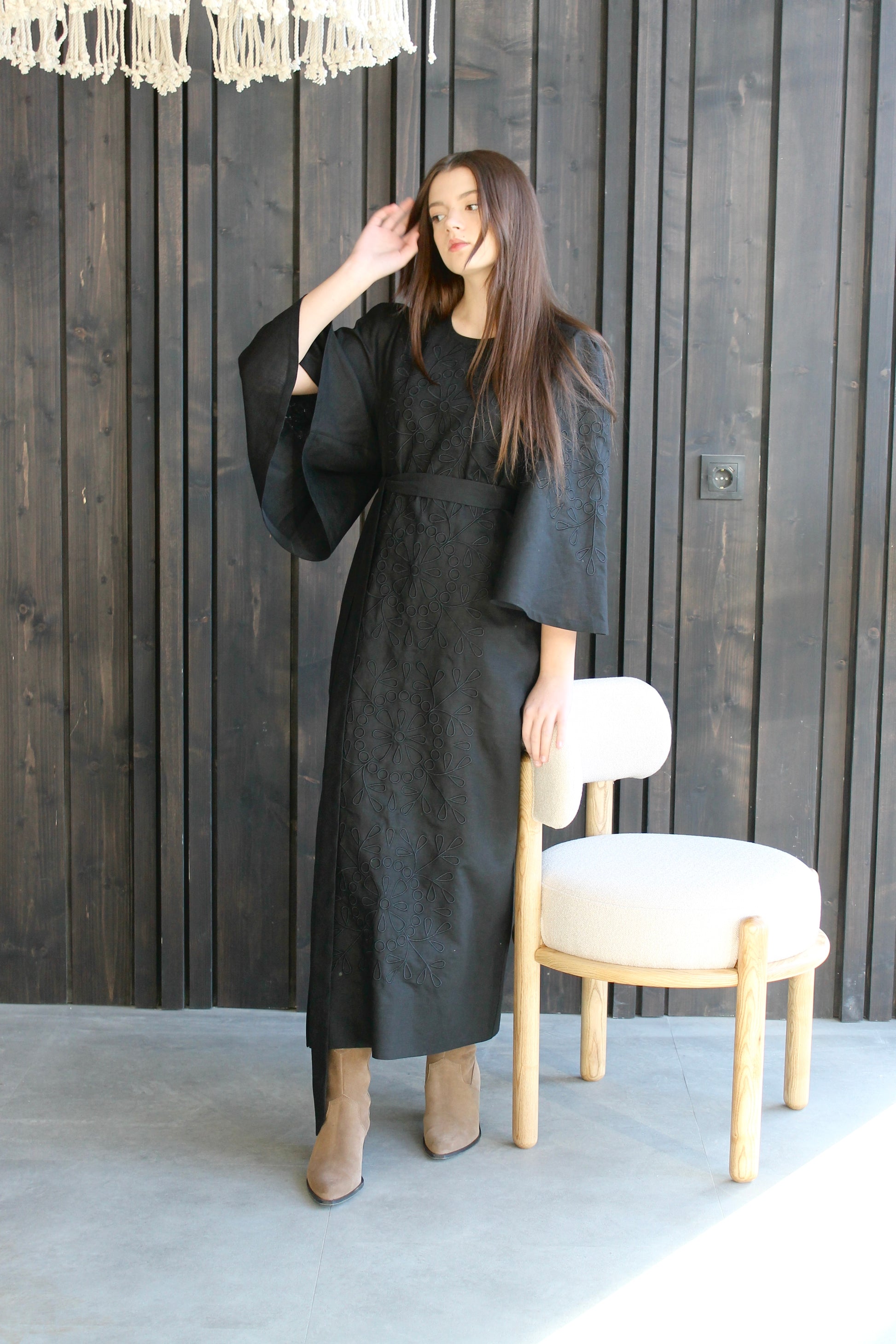 Elegant Black Linen Maxi Dress With "Tsvit" Embroidery
